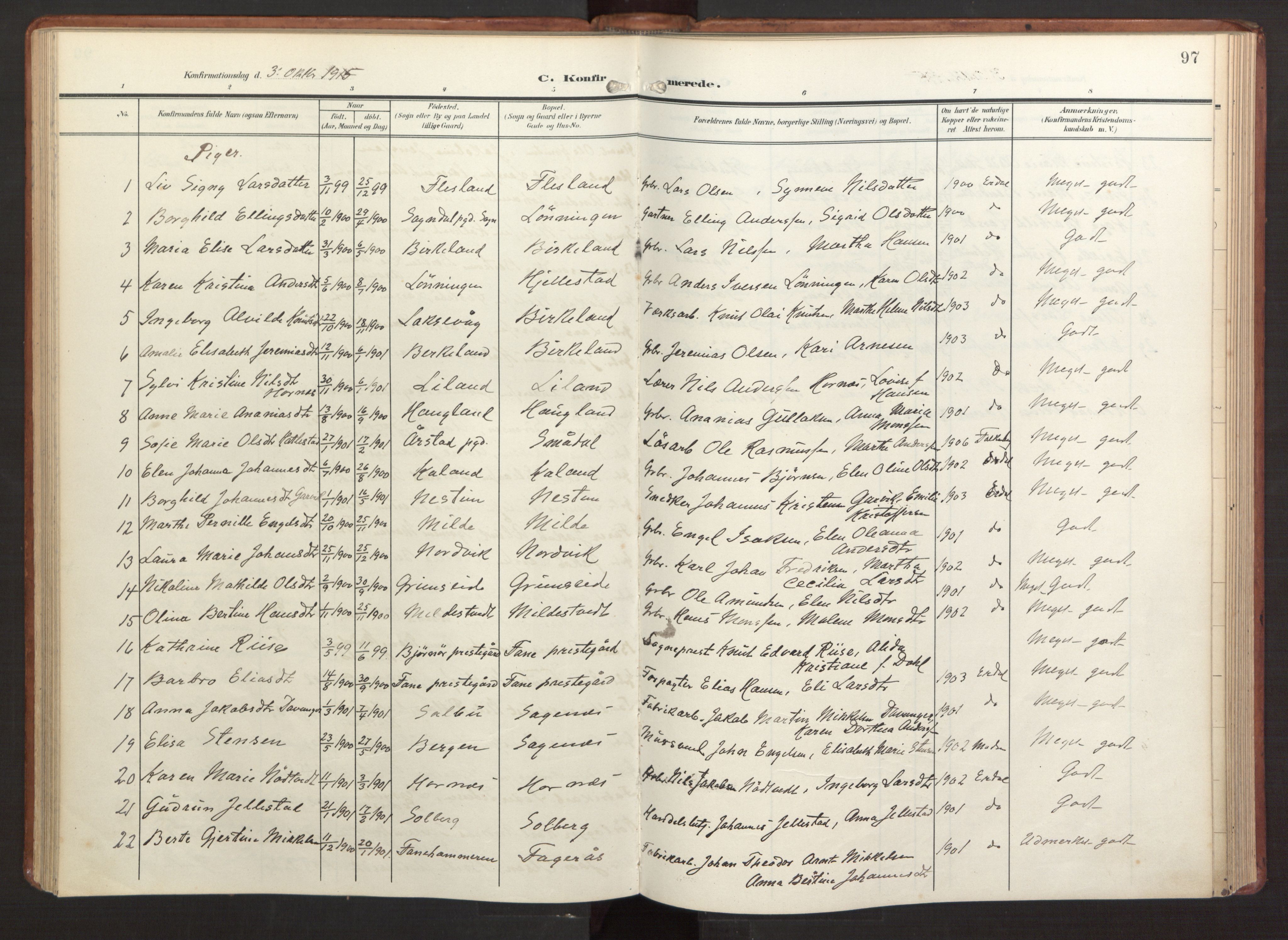 Fana Sokneprestembete, AV/SAB-A-75101/H/Haa/Haab/L0004: Parish register (official) no. B 4, 1908-1915, p. 97