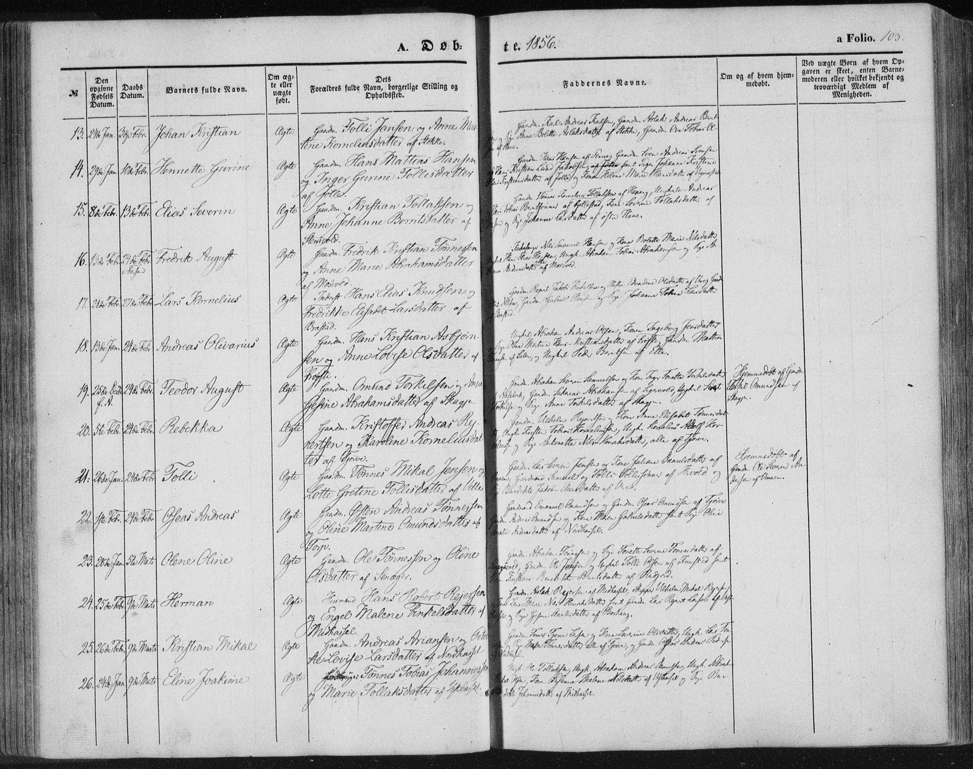 Lista sokneprestkontor, SAK/1111-0027/F/Fa/L0010: Parish register (official) no. A 10, 1846-1861, p. 103