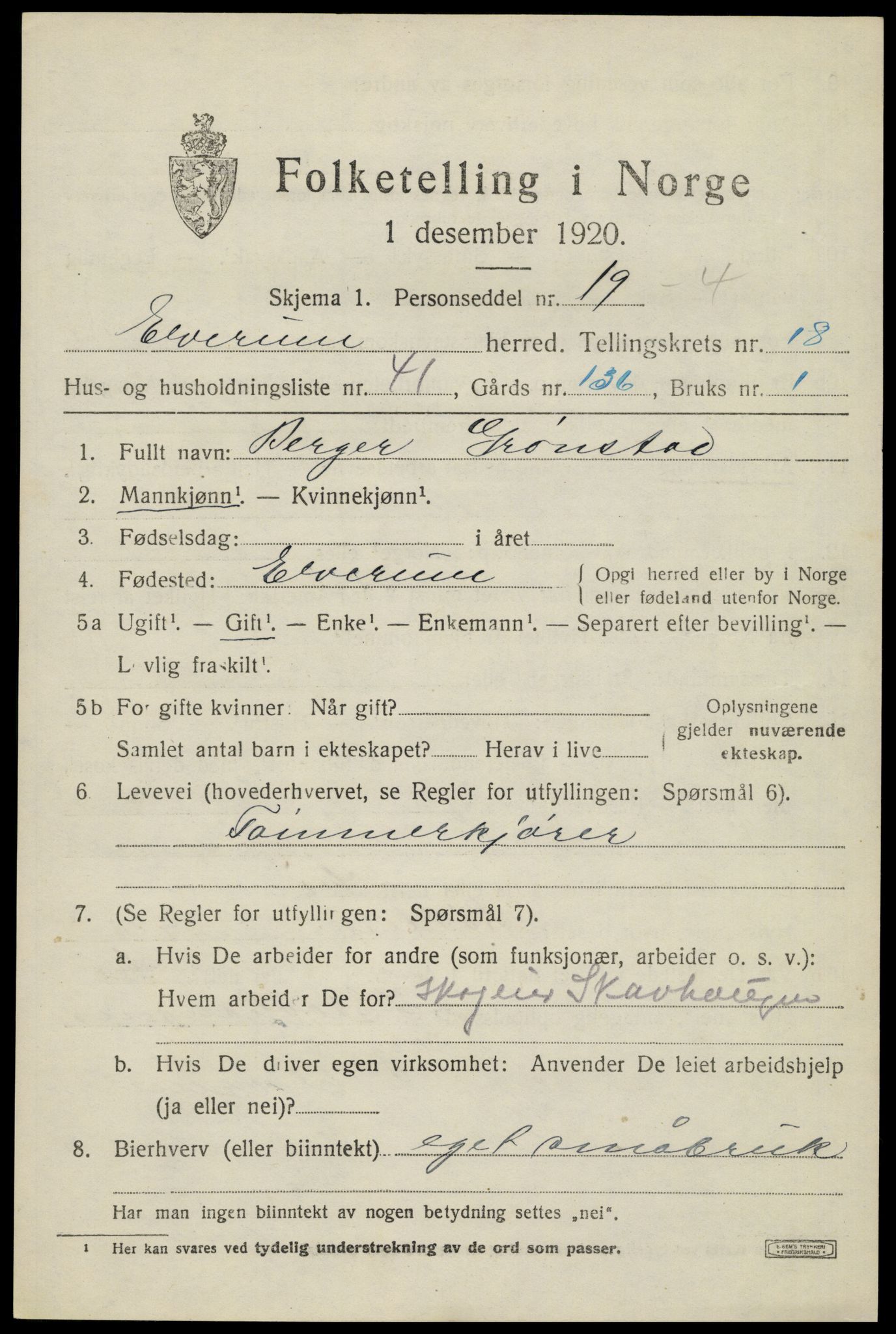 SAH, 1920 census for Elverum, 1920, p. 22530