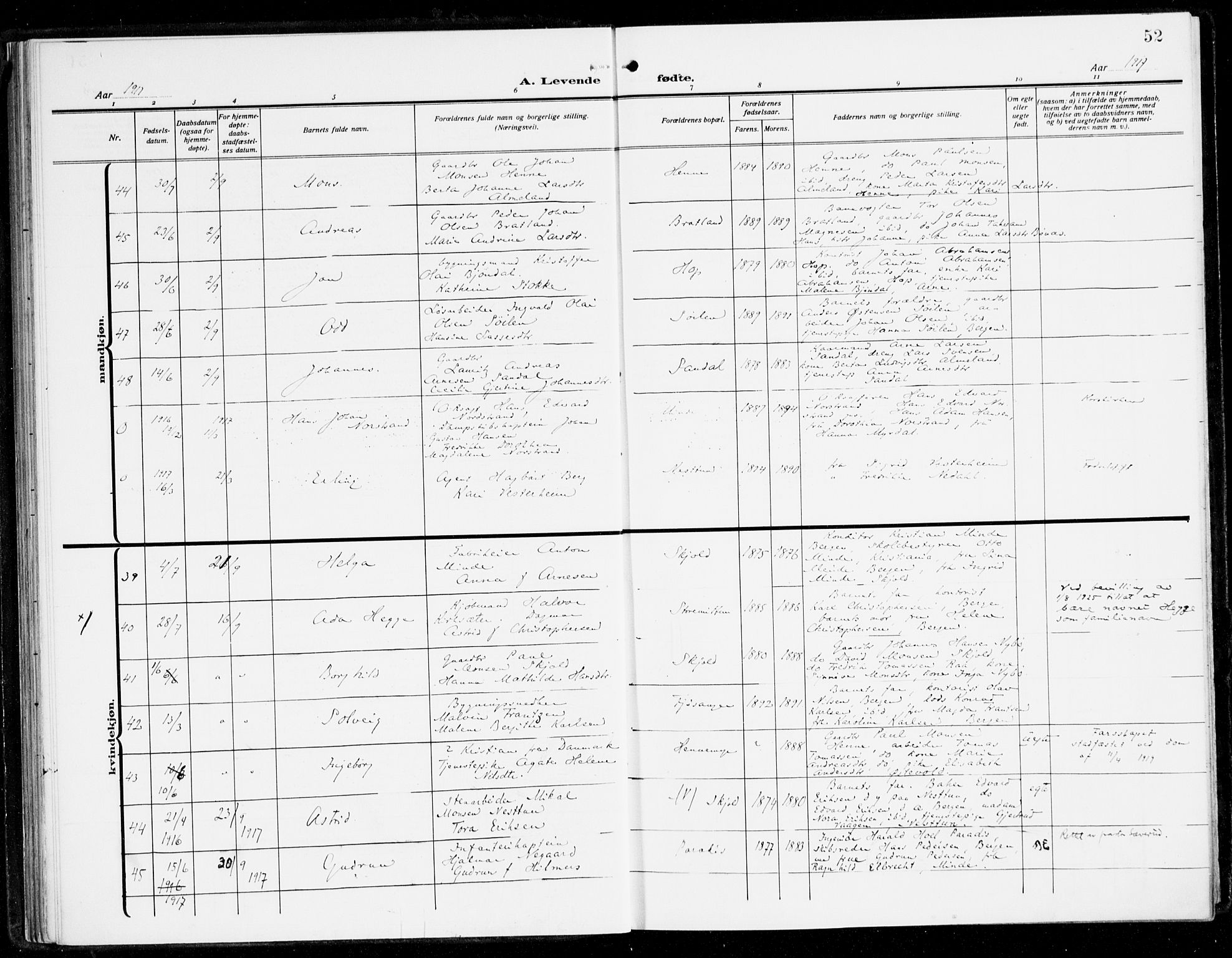 Fana Sokneprestembete, AV/SAB-A-75101/H/Haa/Haai/L0004: Parish register (official) no. I 4, 1912-1933, p. 52