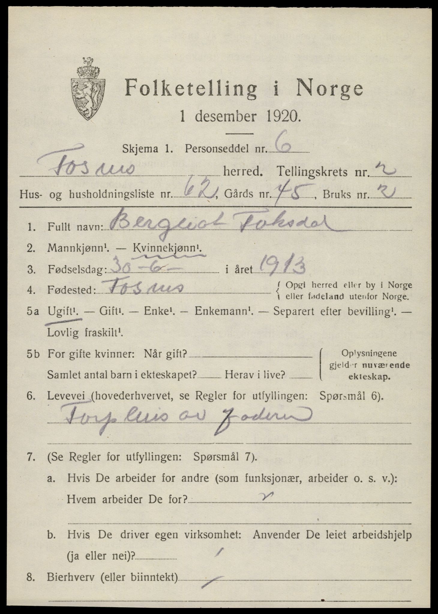 SAT, 1920 census for Fosnes, 1920, p. 1409