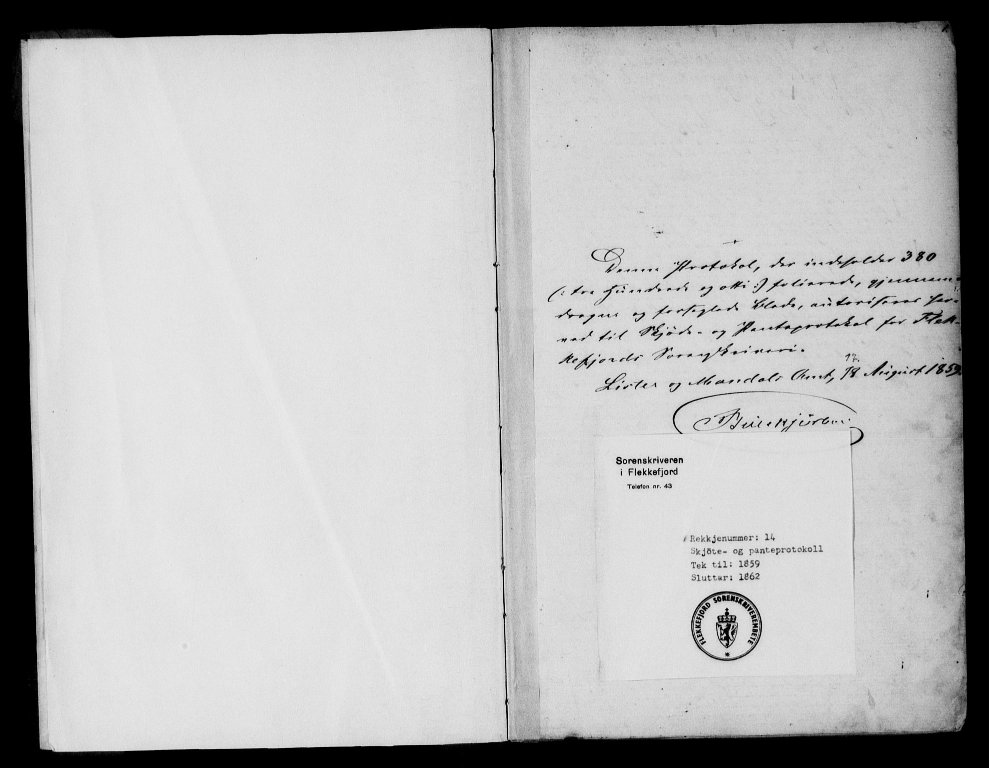 Flekkefjord sorenskriveri, SAK/1221-0001/G/Gb/Gba/L0014: Mortgage book no. 14, 1859-1862, p. 1