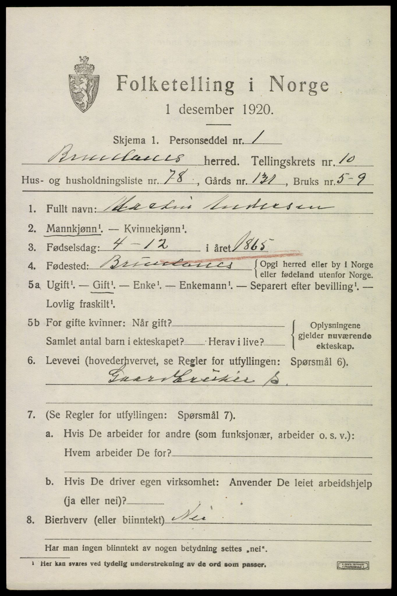 SAKO, 1920 census for Brunlanes, 1920, p. 9251