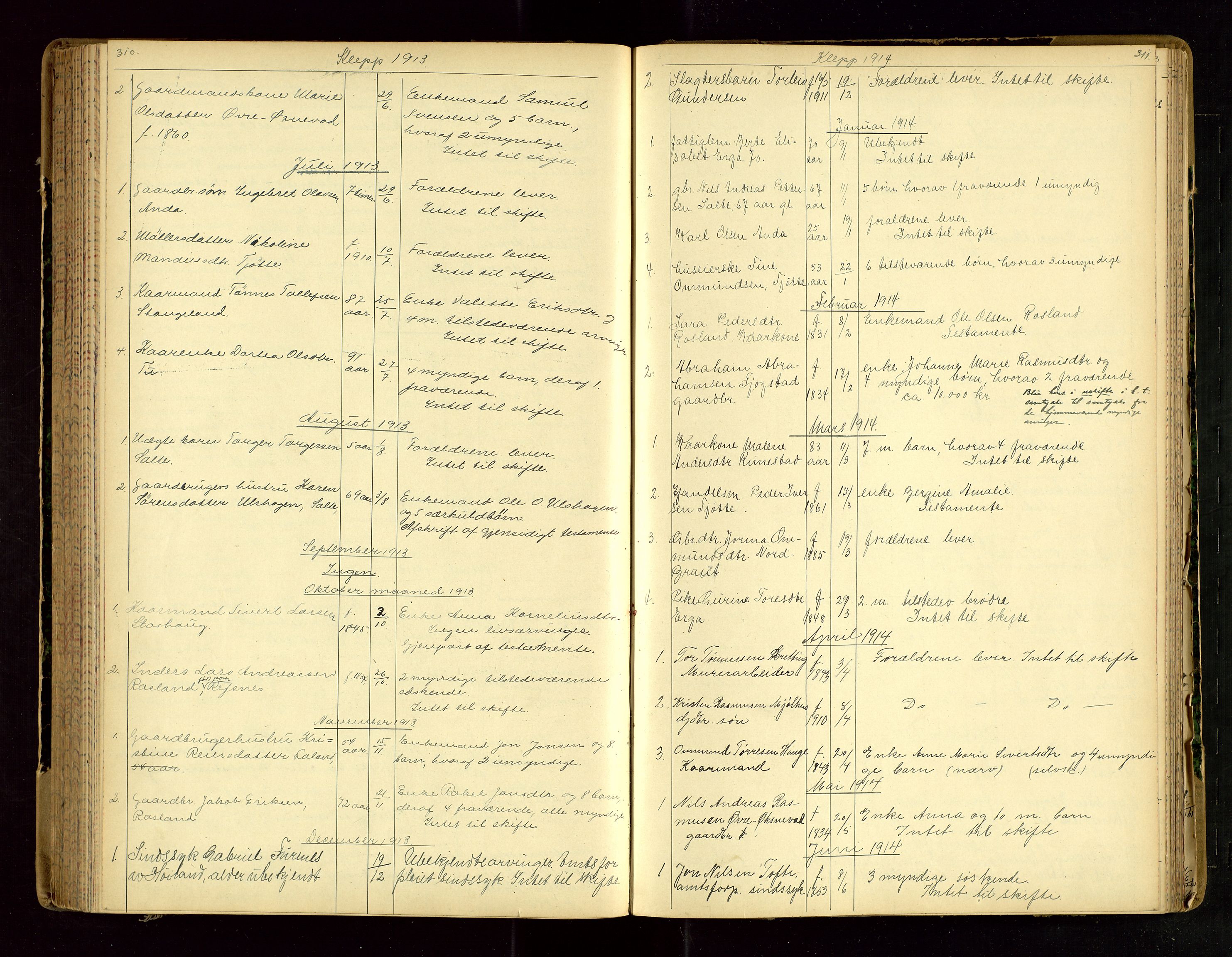 Jæren sorenskriveri, AV/SAST-A-100310/01/5/52/52B/L0003: DØDSFALLPROTOKOLL, 1910-1916, p. 310-311