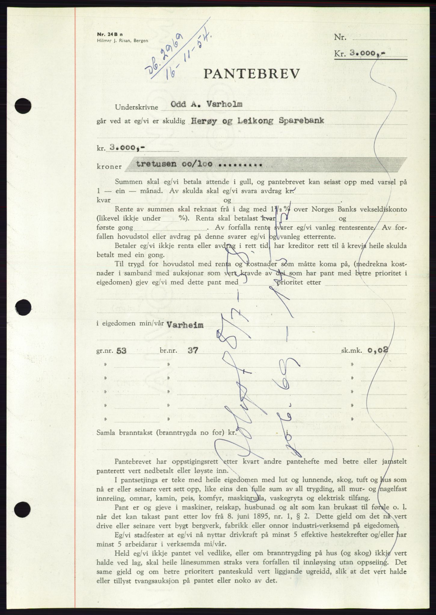Søre Sunnmøre sorenskriveri, AV/SAT-A-4122/1/2/2C/L0126: Mortgage book no. 14B, 1954-1955, Diary no: : 2969/1954