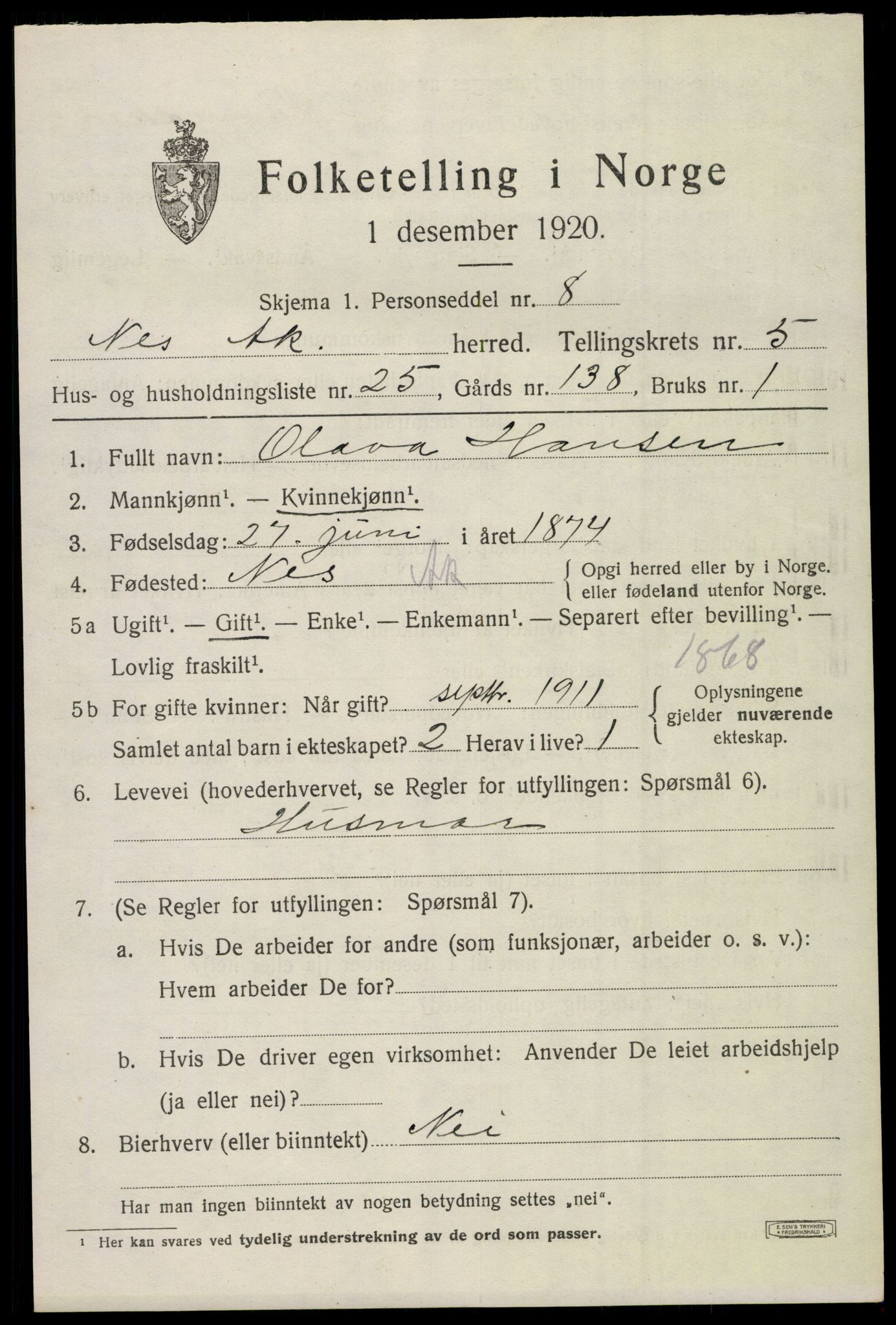 SAO, 1920 census for Nes, 1920, p. 6766