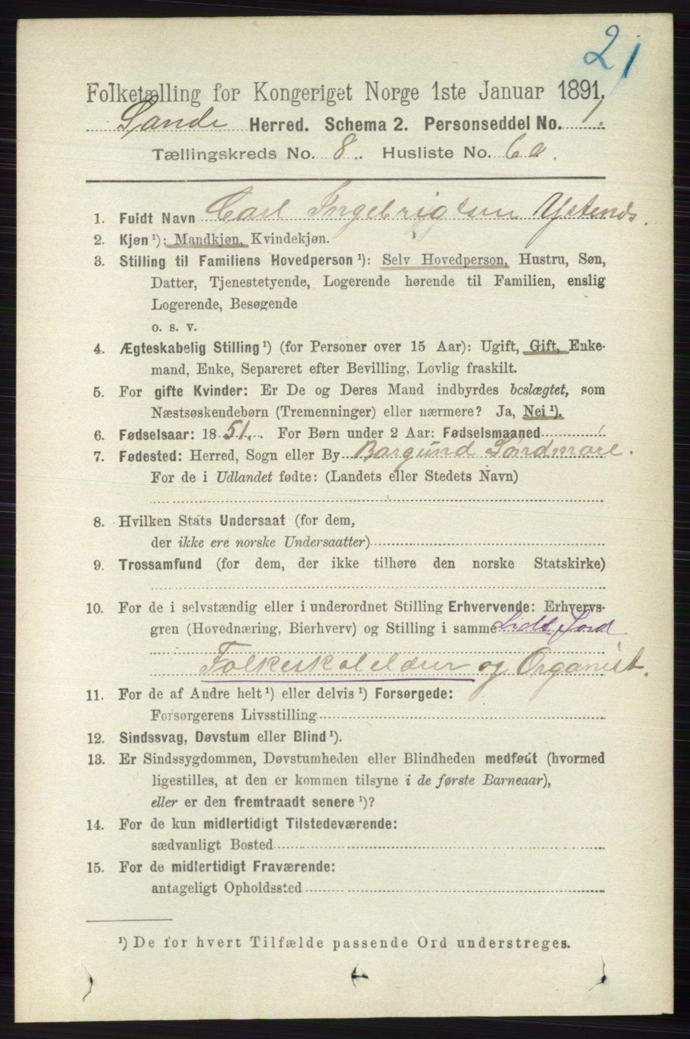 RA, 1891 census for 0713 Sande, 1891, p. 3834