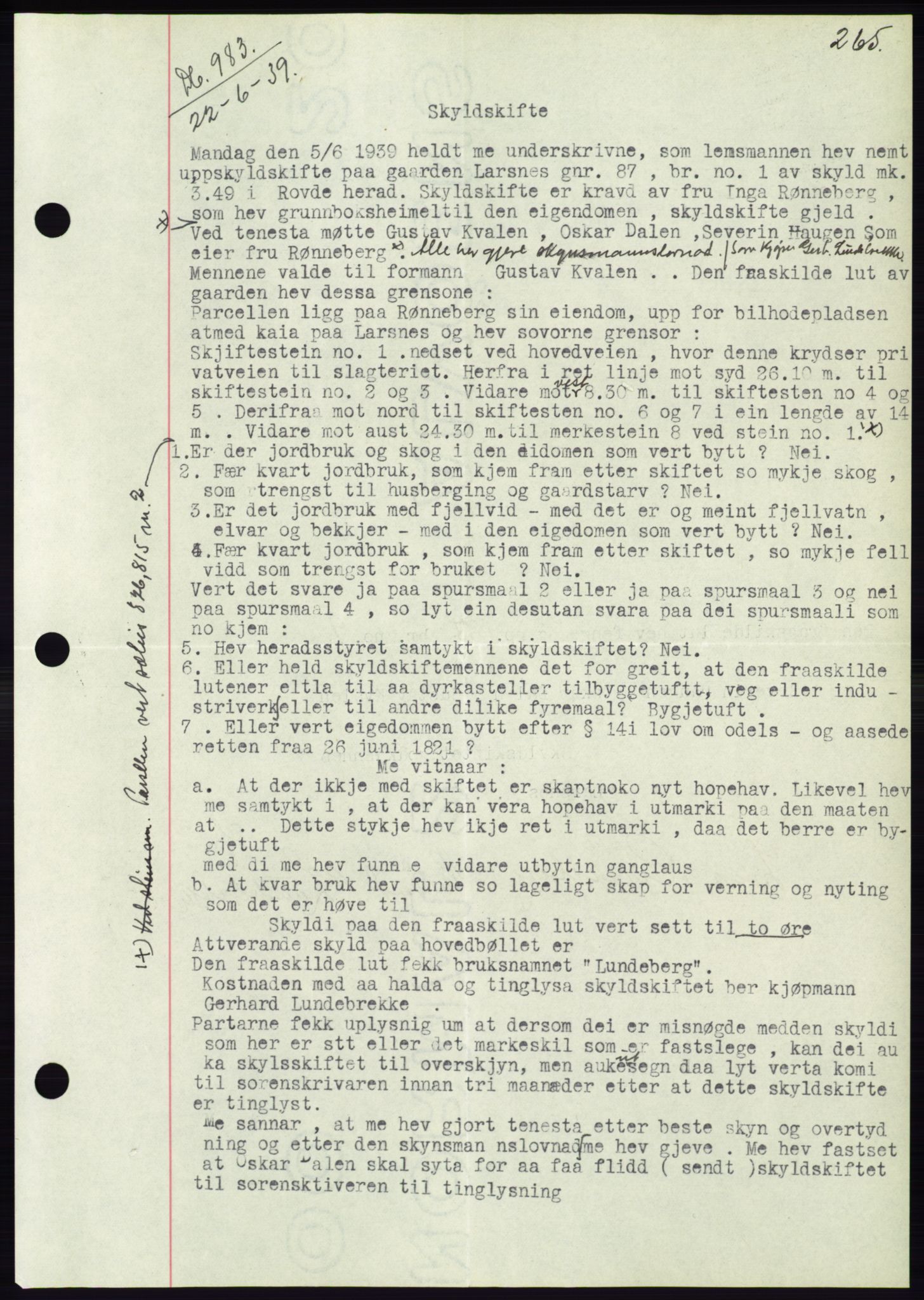 Søre Sunnmøre sorenskriveri, AV/SAT-A-4122/1/2/2C/L0068: Mortgage book no. 62, 1939-1939, Diary no: : 983/1939