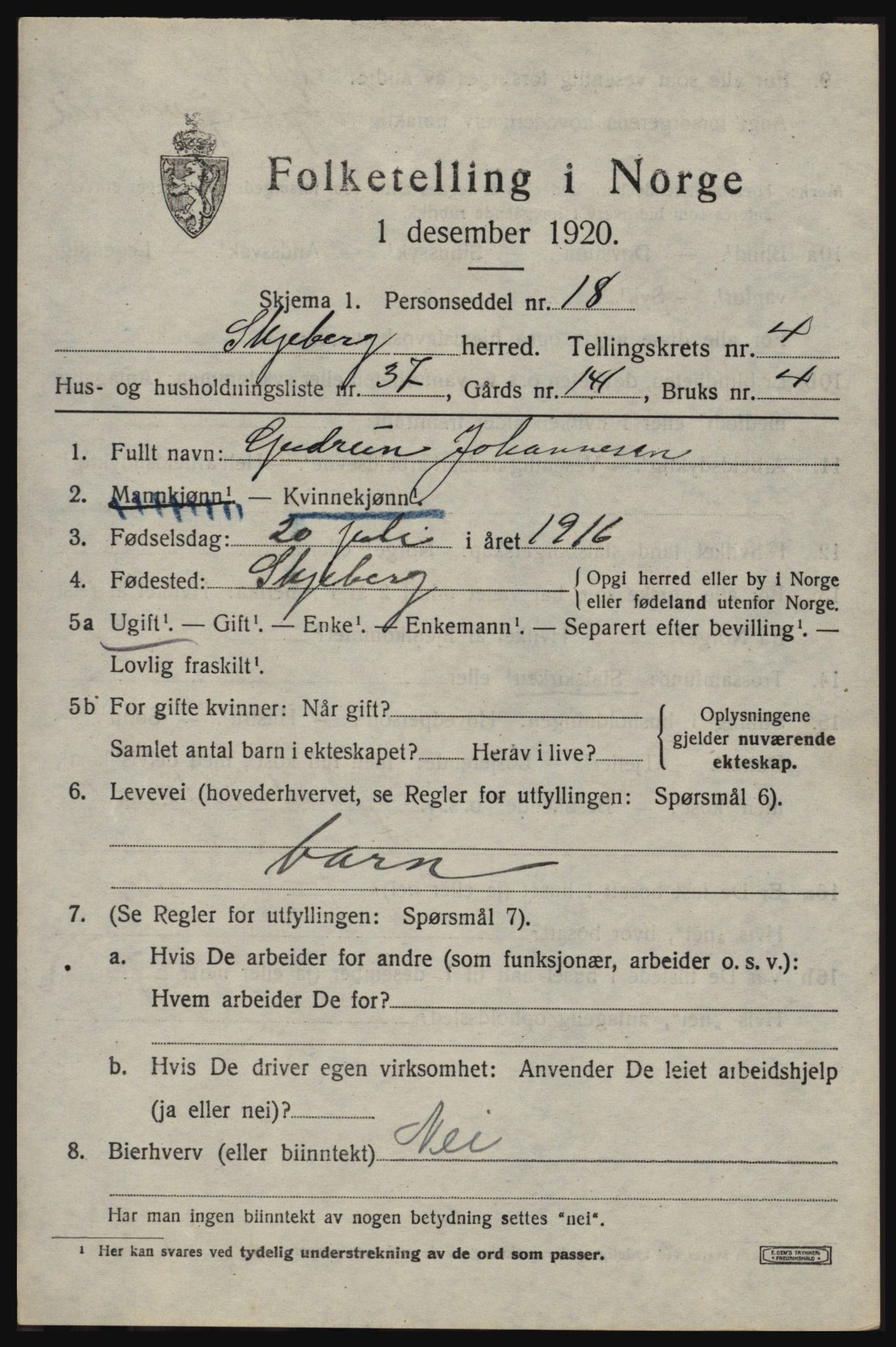 SAO, 1920 census for Skjeberg, 1920, p. 5419