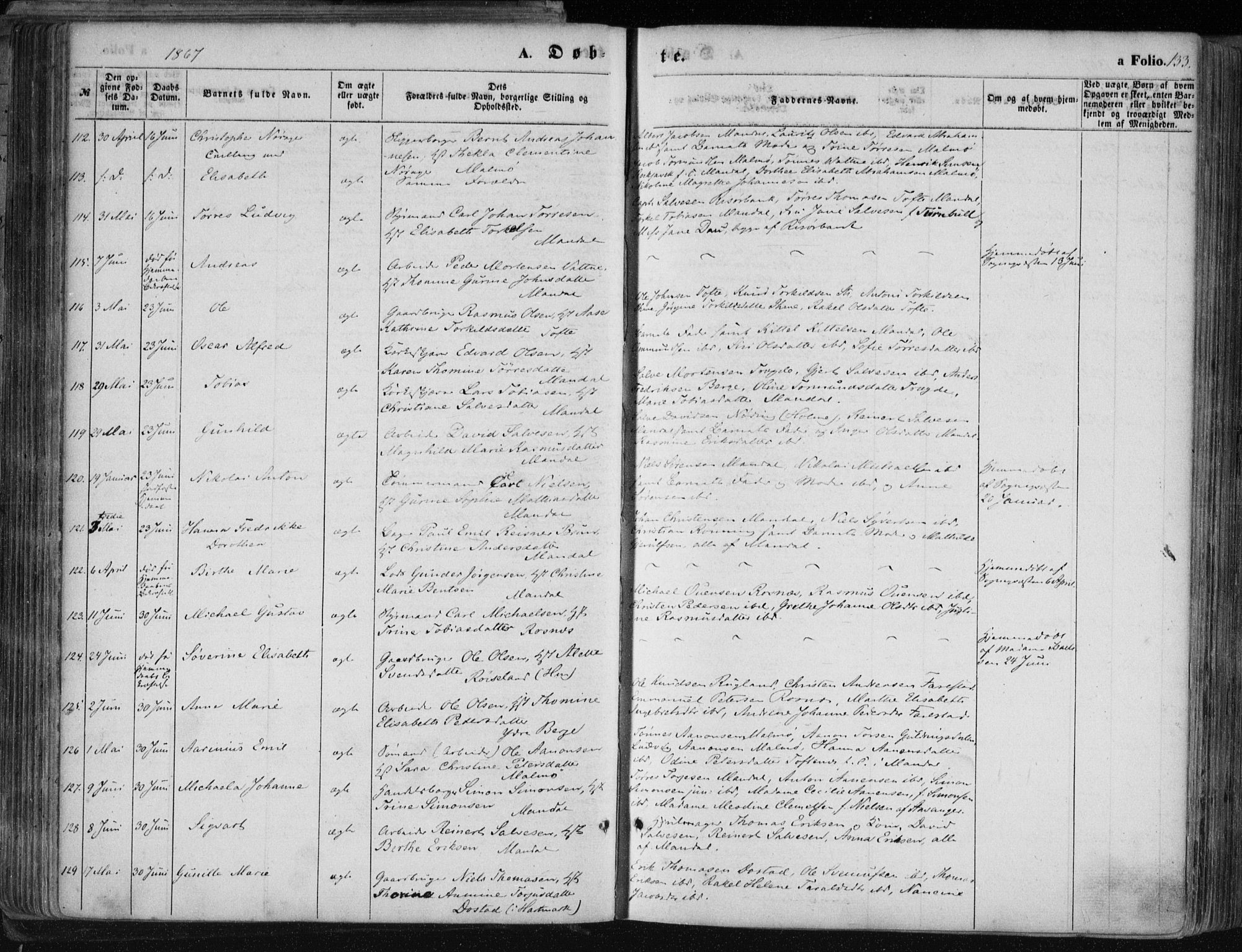 Mandal sokneprestkontor, AV/SAK-1111-0030/F/Fa/Faa/L0014: Parish register (official) no. A 14, 1859-1872, p. 133