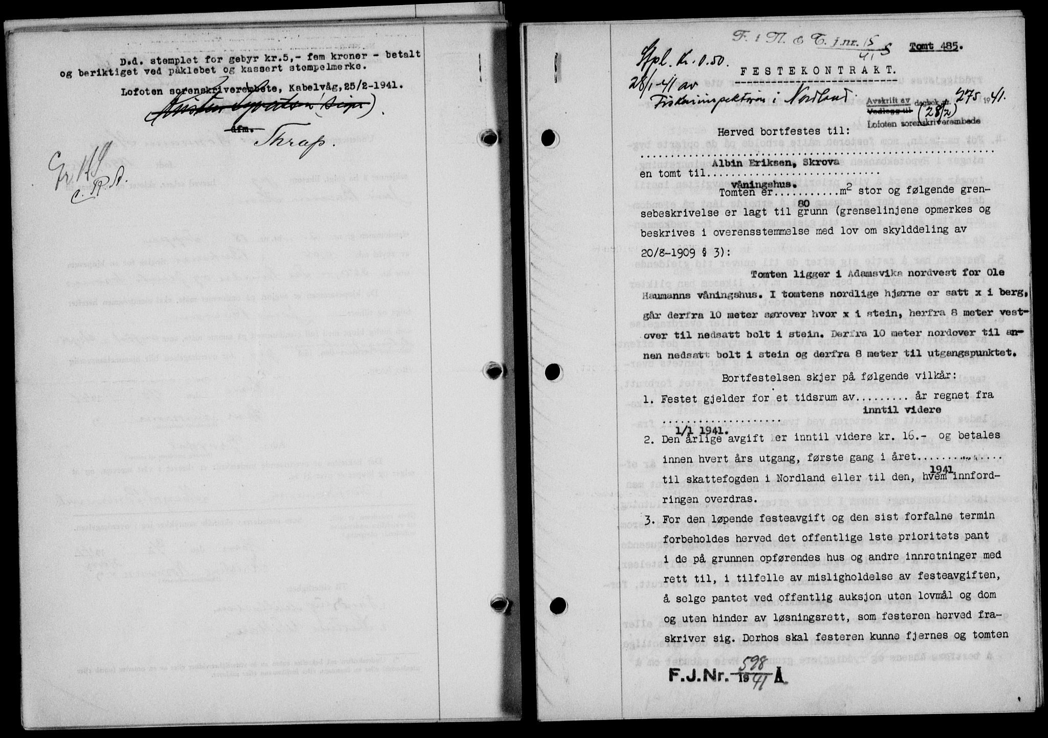 Lofoten sorenskriveri, SAT/A-0017/1/2/2C/L0008a: Mortgage book no. 8a, 1940-1941, Diary no: : 275/1941