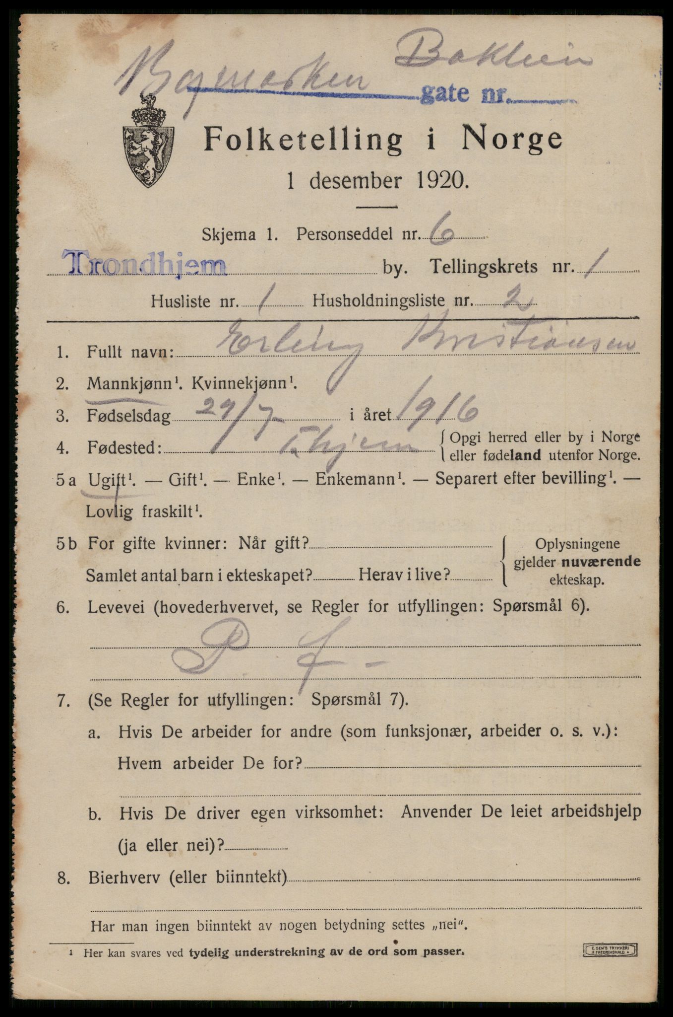 SAT, 1920 census for Trondheim, 1920, p. 32704