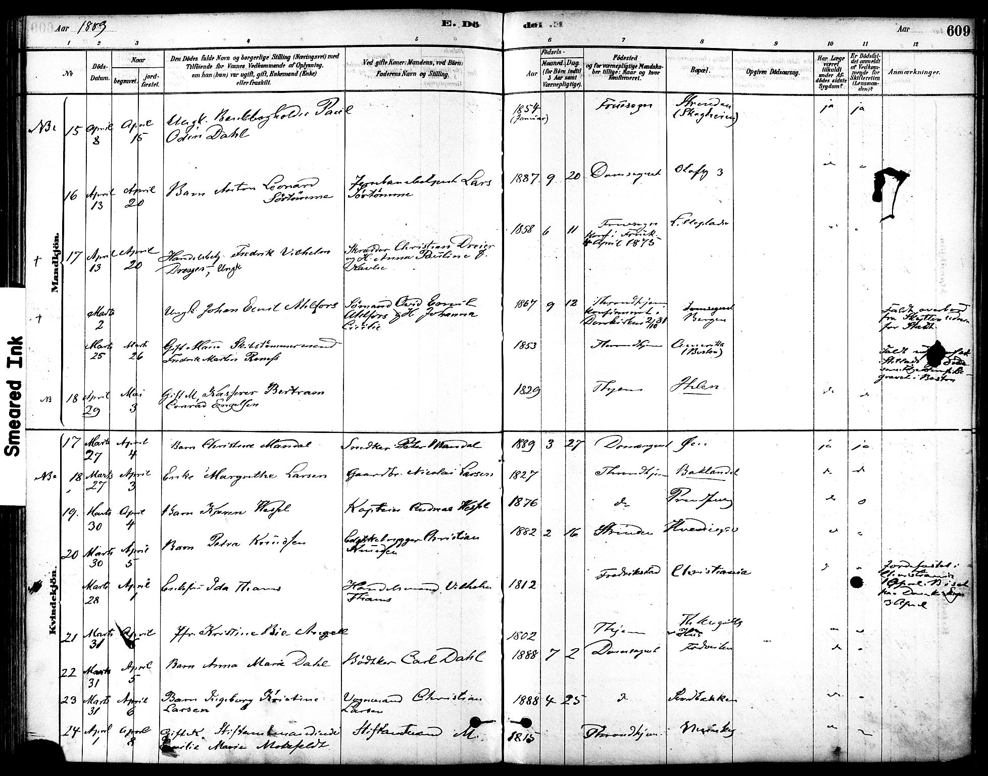 Ministerialprotokoller, klokkerbøker og fødselsregistre - Sør-Trøndelag, AV/SAT-A-1456/601/L0058: Parish register (official) no. 601A26, 1877-1891, p. 609