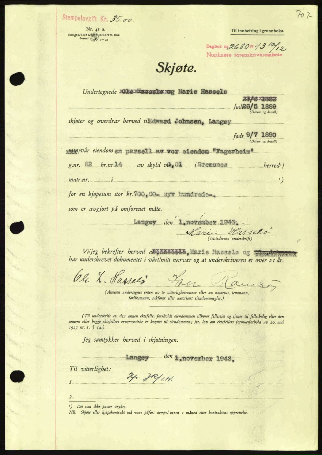 Nordmøre sorenskriveri, SAT/A-4132/1/2/2Ca: Mortgage book no. A96, 1943-1944, Diary no: : 2680/1943