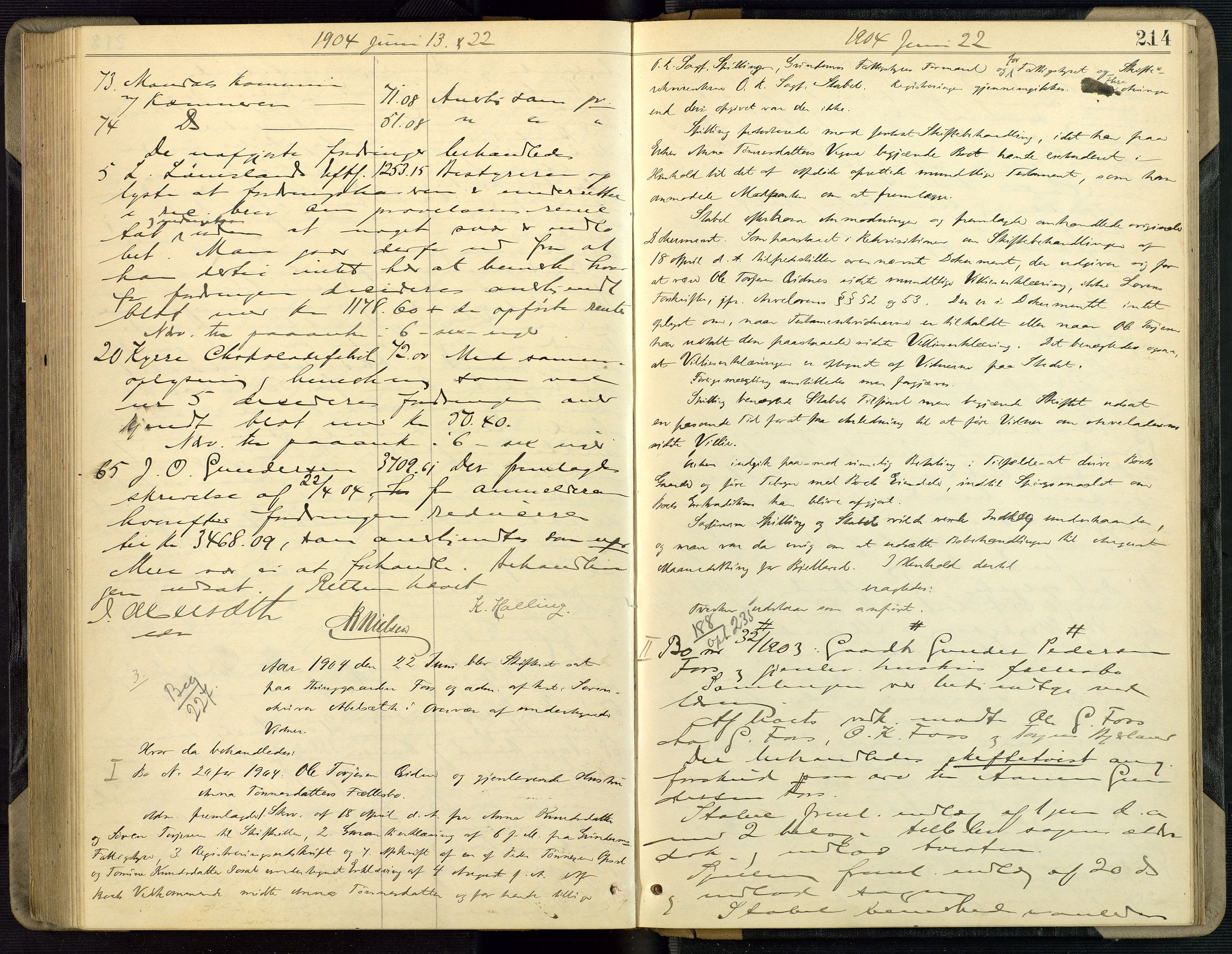 Mandal sorenskriveri, SAK/1221-0005/001/H/Hc/L0079: Skifteforhandlingsprotokoll nr 11, 1902-1904, p. 214
