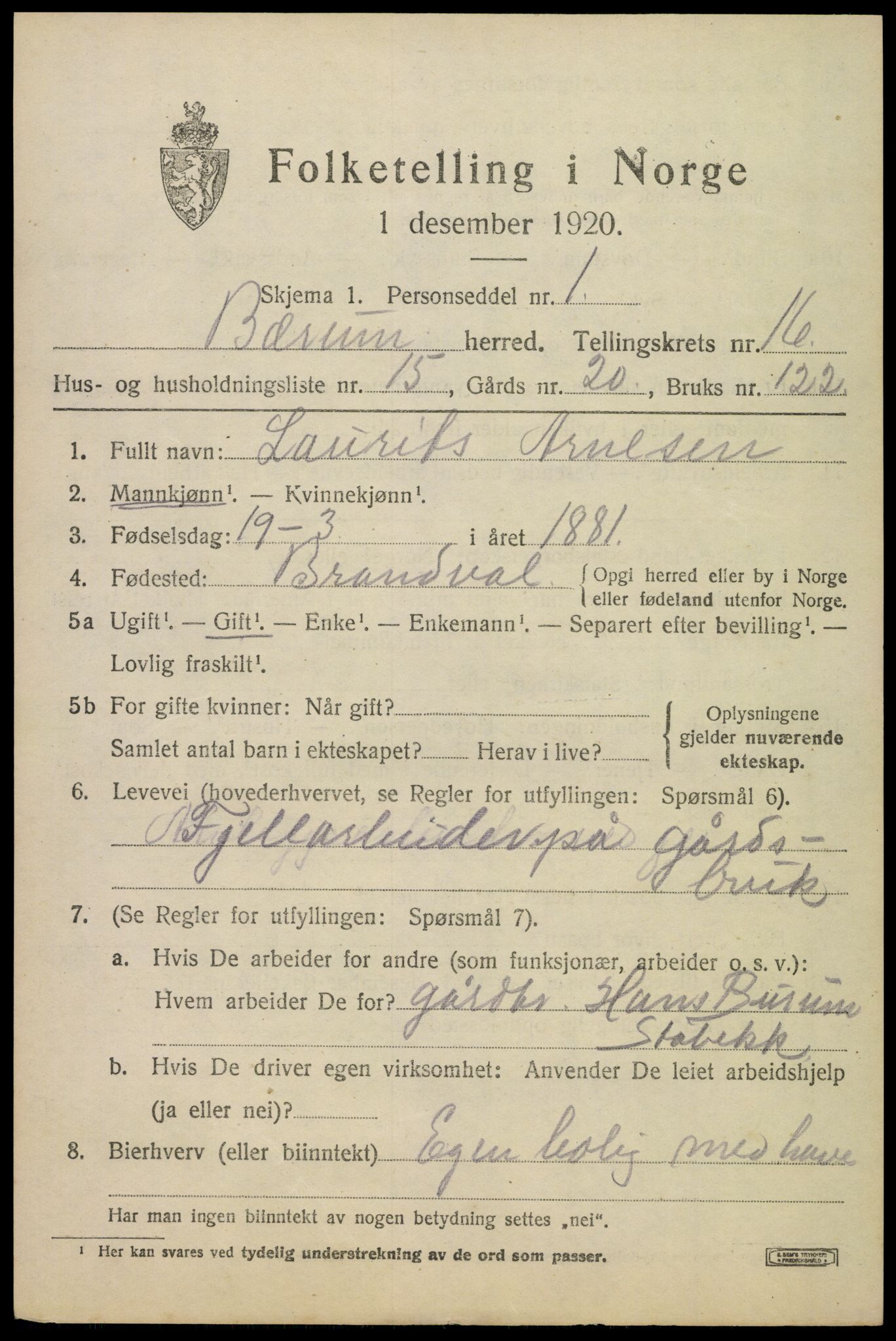 SAO, 1920 census for Bærum, 1920, p. 43314