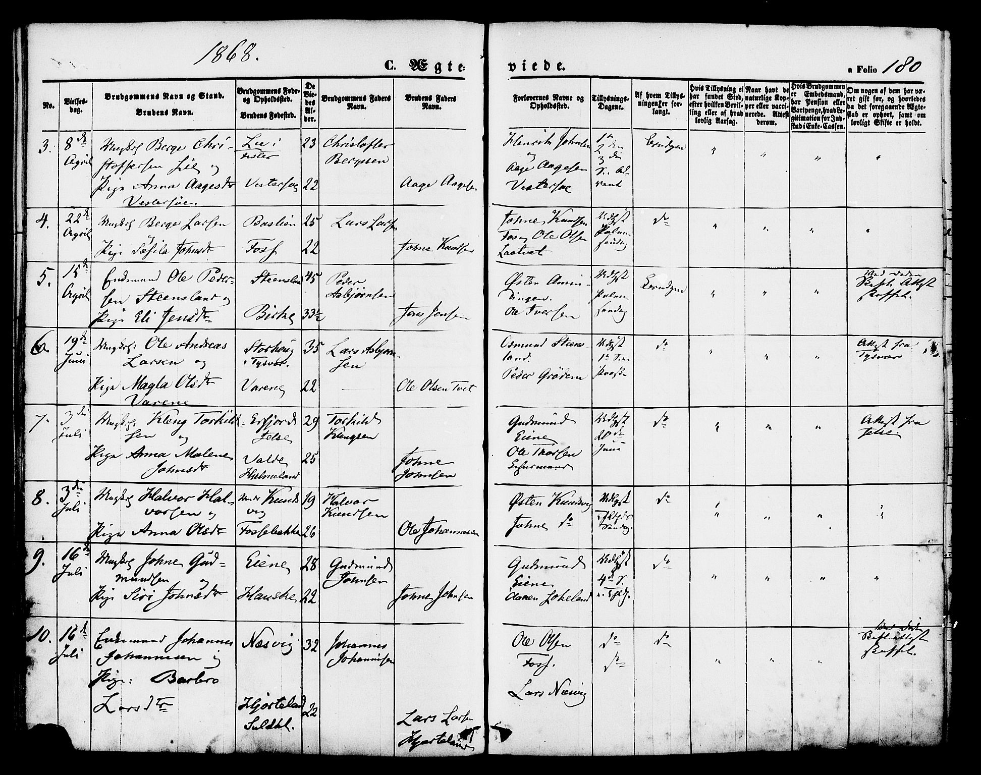 Hjelmeland sokneprestkontor, AV/SAST-A-101843/01/IV/L0011: Parish register (official) no. A 11, 1861-1878, p. 180