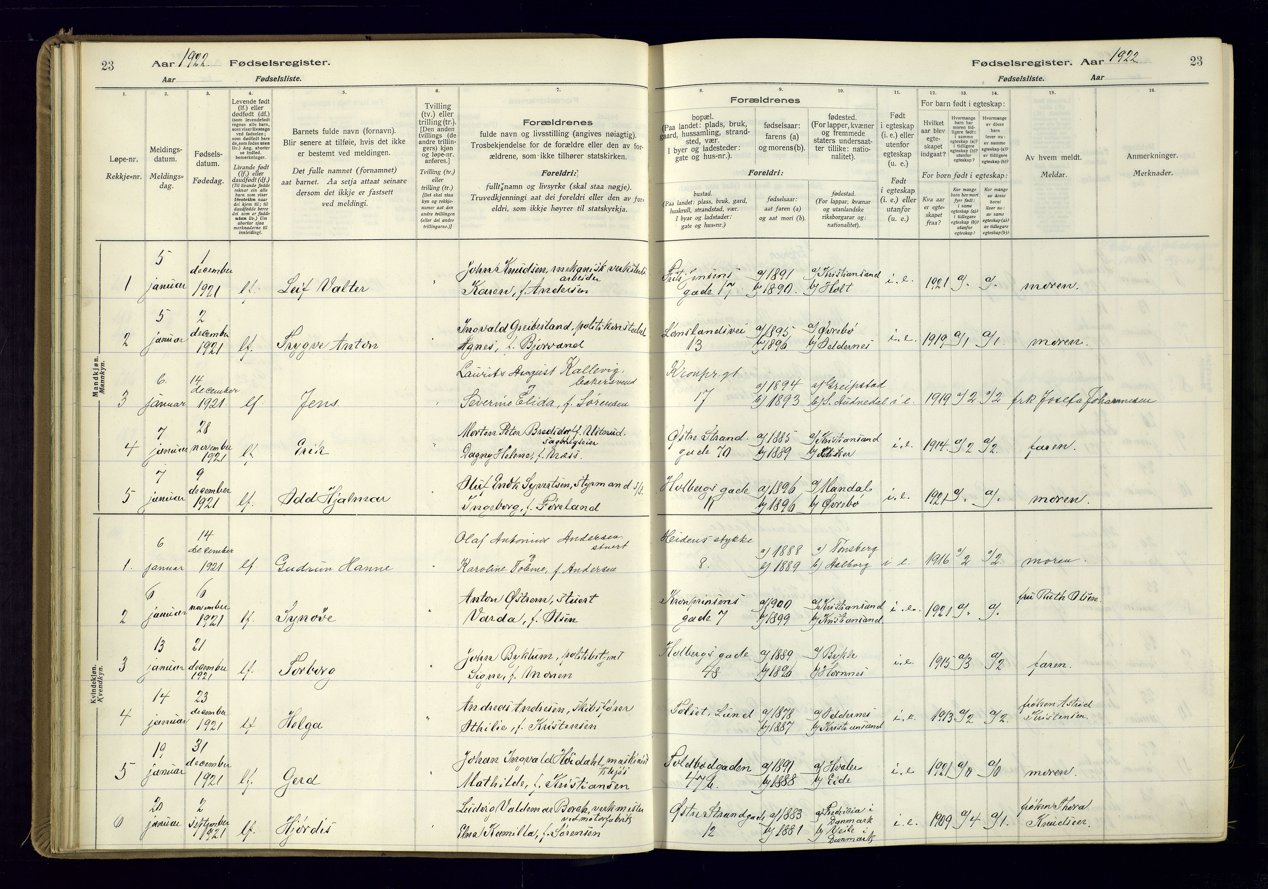 Kristiansand domprosti, AV/SAK-1112-0006/J/Jc/L0002: Birth register no. A-VI-46, 1921-1926, p. 23