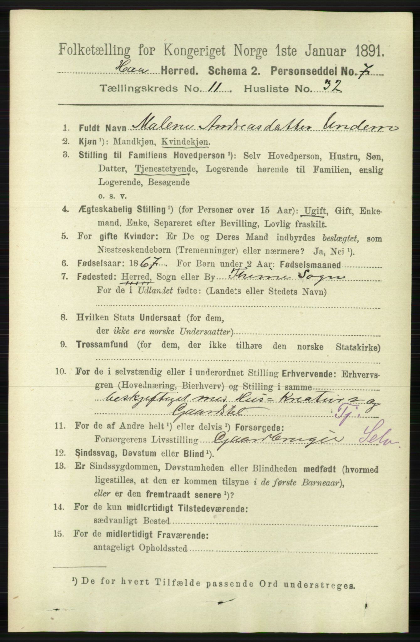 RA, 1891 census for 1119 Hå, 1891, p. 2830