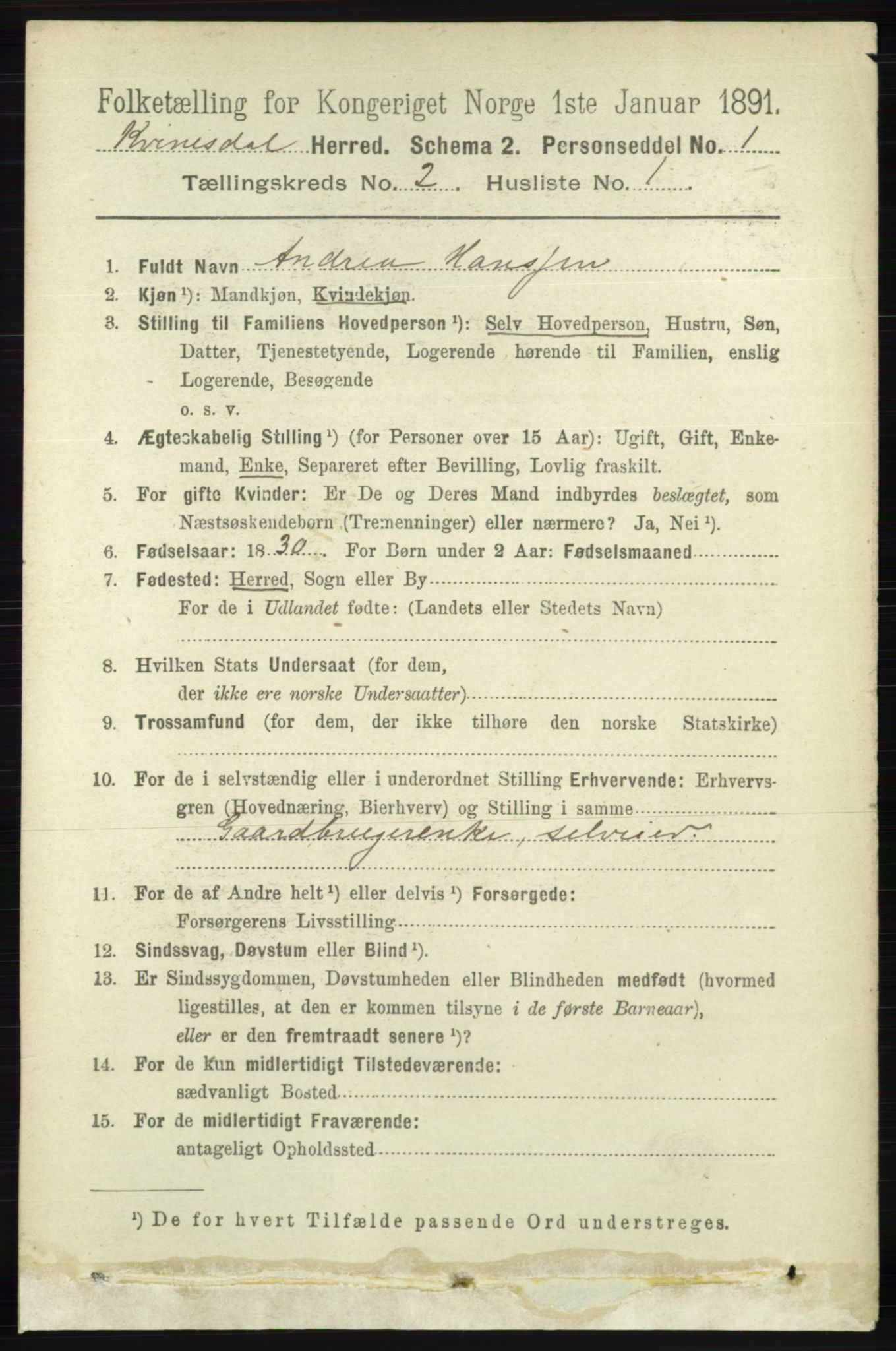RA, 1891 census for 1037 Kvinesdal, 1891, p. 371