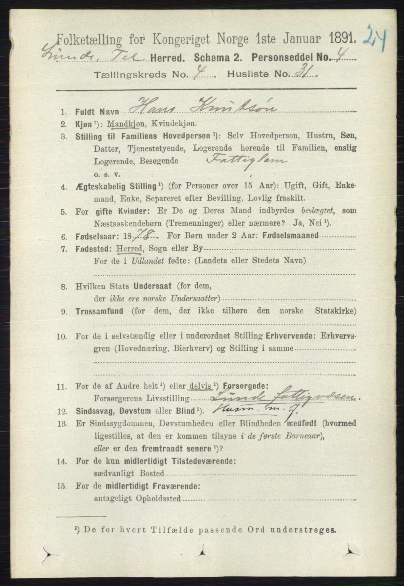 RA, 1891 census for 0820 Lunde, 1891, p. 1358