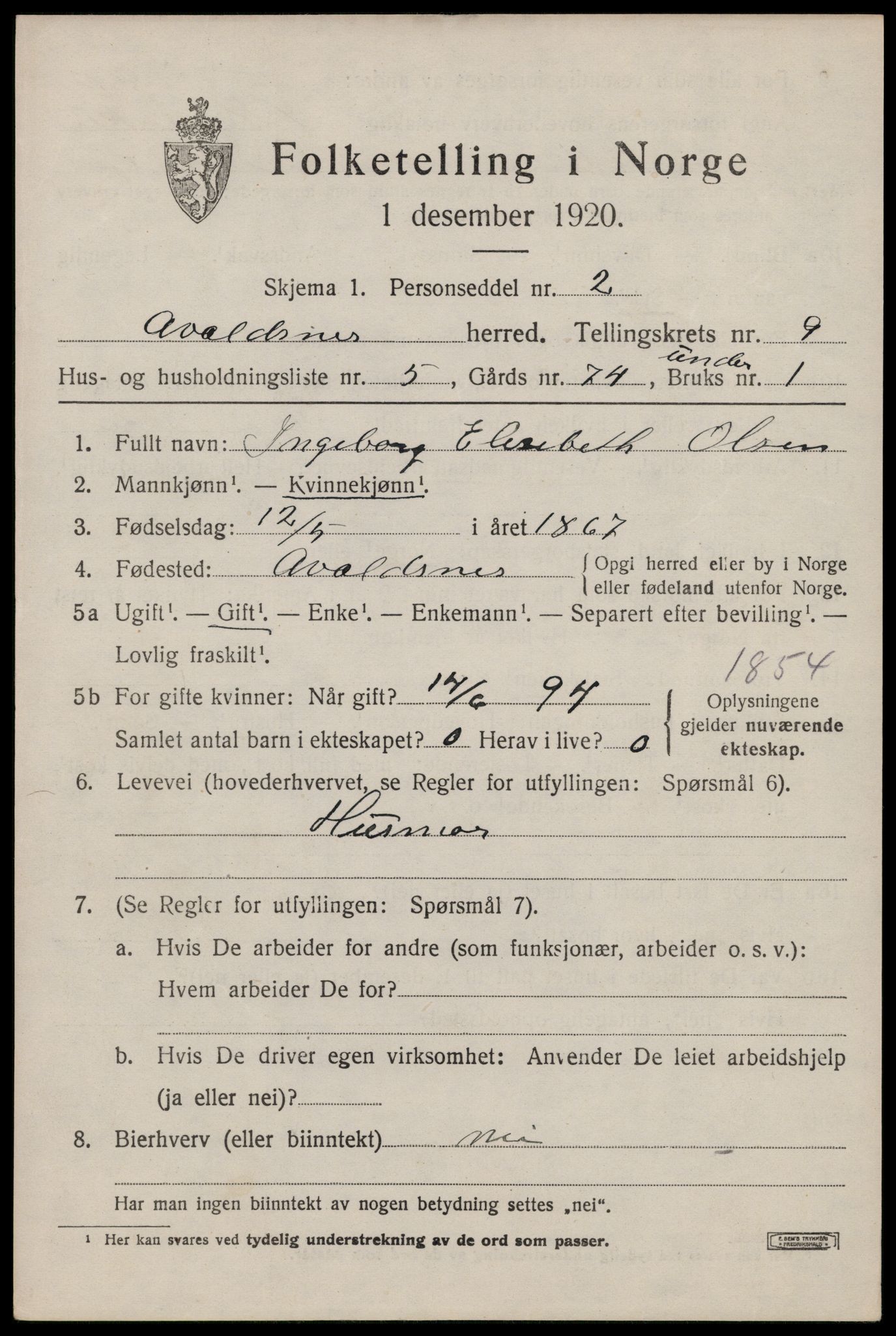 SAST, 1920 census for Avaldsnes, 1920, p. 7113