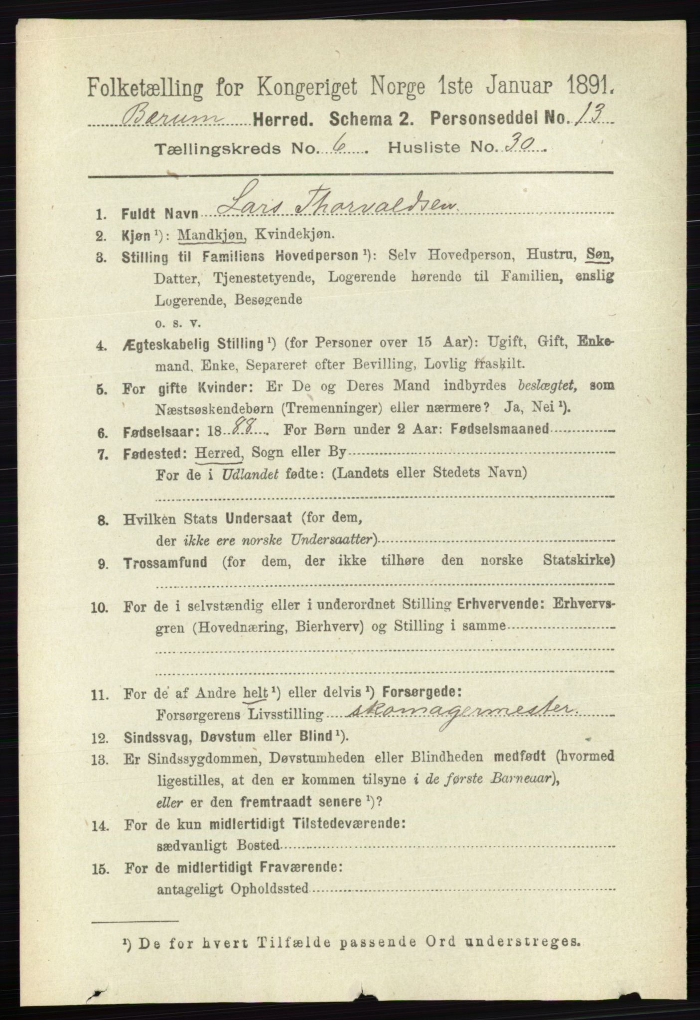 RA, 1891 census for 0219 Bærum, 1891, p. 3703