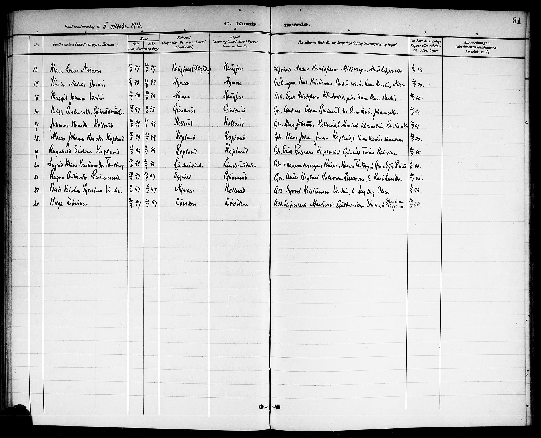 Modum kirkebøker, AV/SAKO-A-234/G/Gc/L0001: Parish register (copy) no. III 1, 1901-1919, p. 91