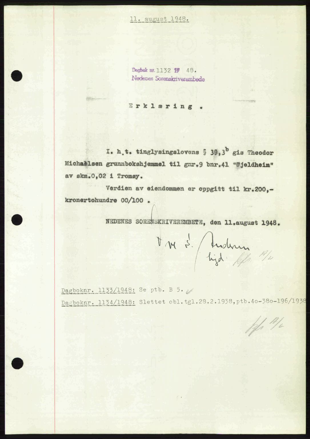 Nedenes sorenskriveri, SAK/1221-0006/G/Gb/Gba/L0059: Mortgage book no. A11, 1948-1948, Diary no: : 1132/1948