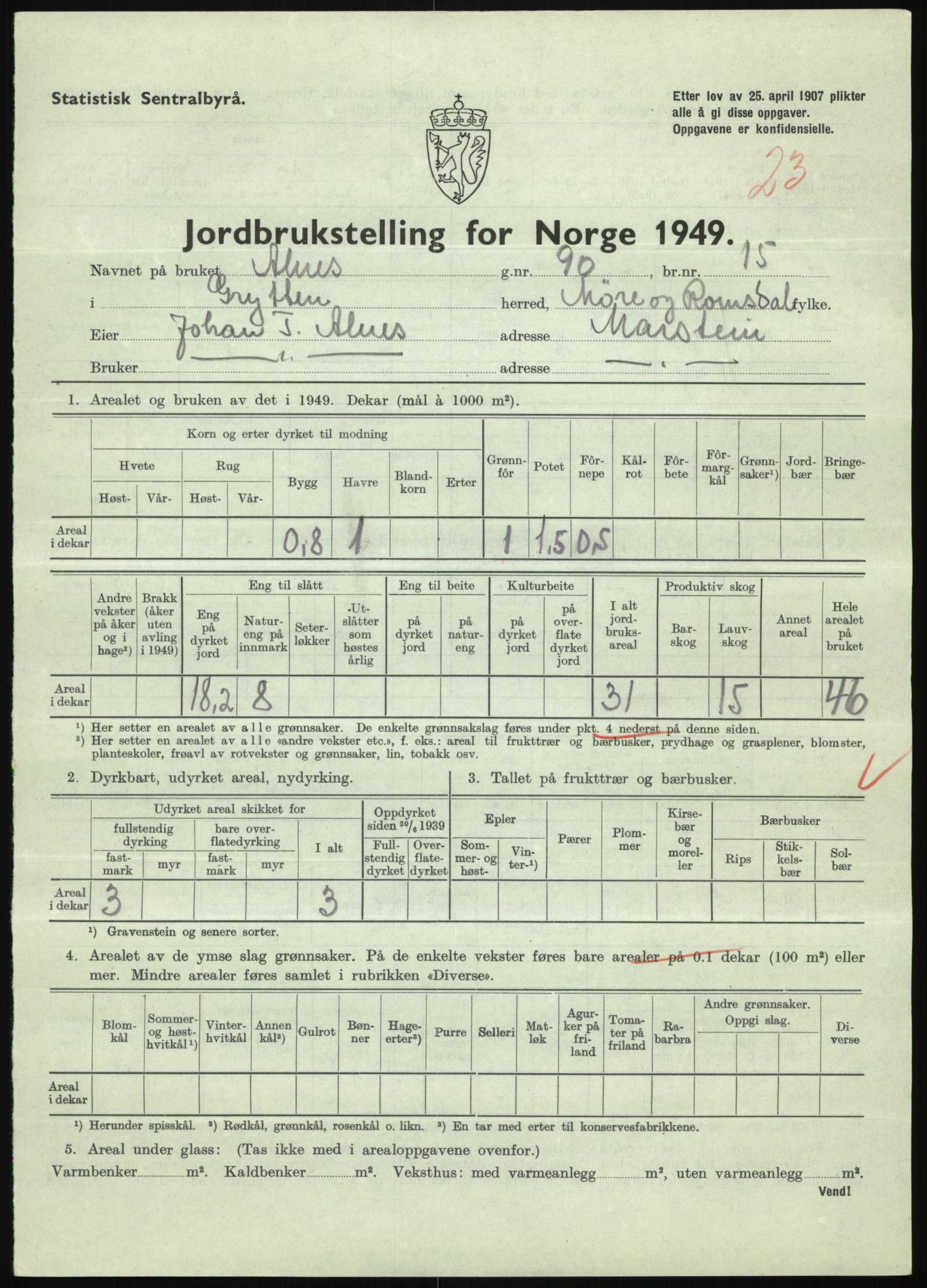 Statistisk sentralbyrå, Næringsøkonomiske emner, Jordbruk, skogbruk, jakt, fiske og fangst, AV/RA-S-2234/G/Gc/L0323: Møre og Romsdal: Grytten og Hen, 1949, p. 153