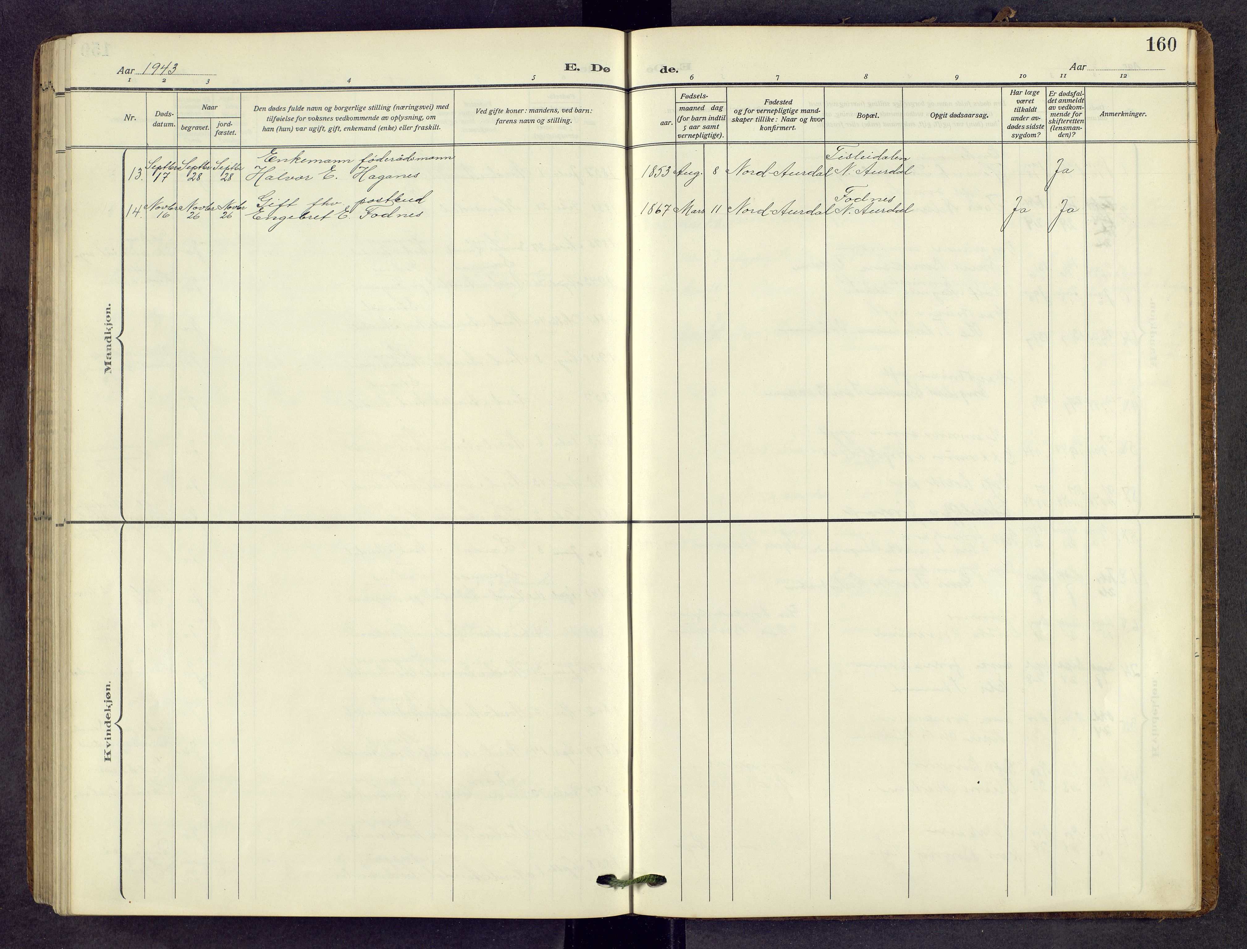 Nord-Aurdal prestekontor, AV/SAH-PREST-132/H/Ha/Hab/L0013: Parish register (copy) no. 13, 1911-1948, p. 160