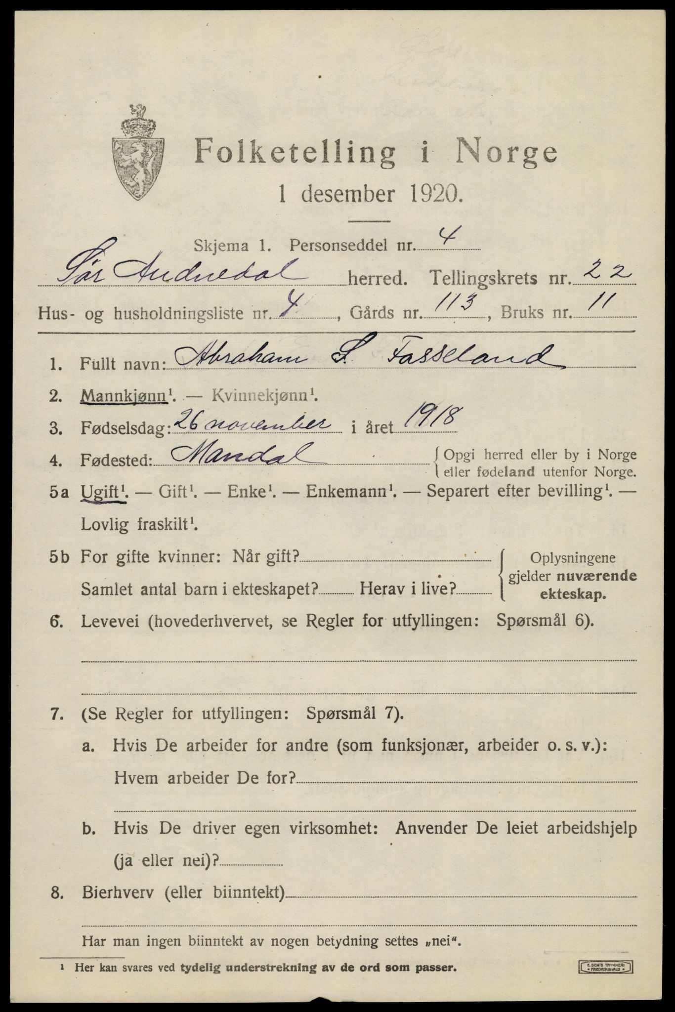 SAK, 1920 census for Sør-Audnedal, 1920, p. 7135