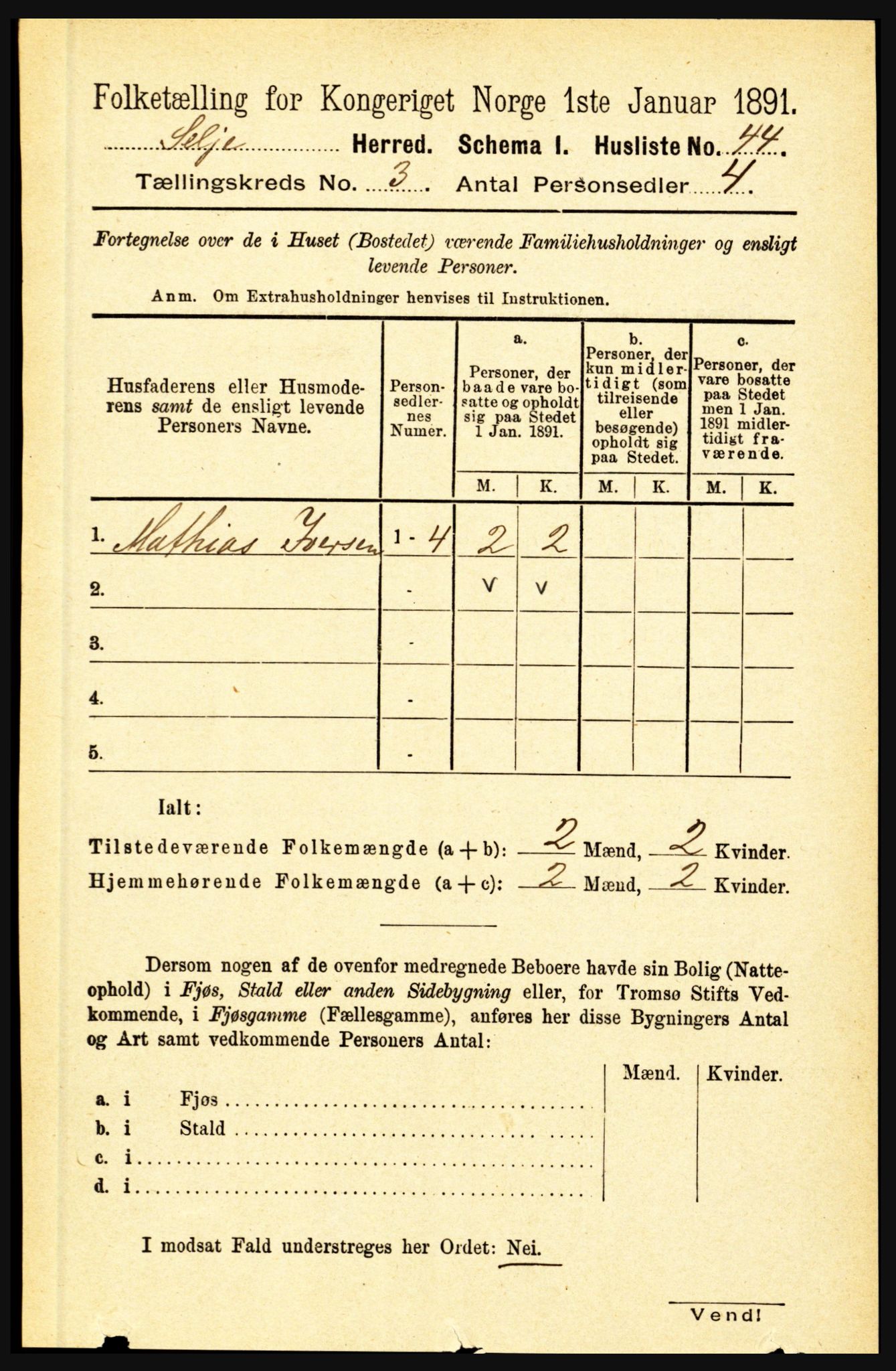 RA, 1891 census for 1441 Selje, 1891, p. 630