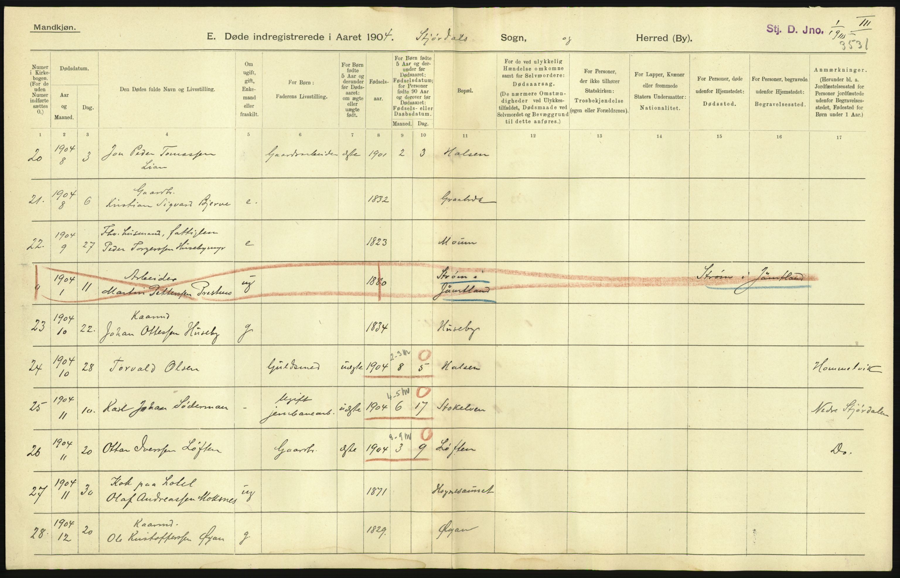 Statistisk sentralbyrå, Sosiodemografiske emner, Befolkning, AV/RA-S-2228/D/Df/Dfa/Dfab/L0019: Nordre Trondhjems amt: Fødte, gifte, døde, 1904, p. 449