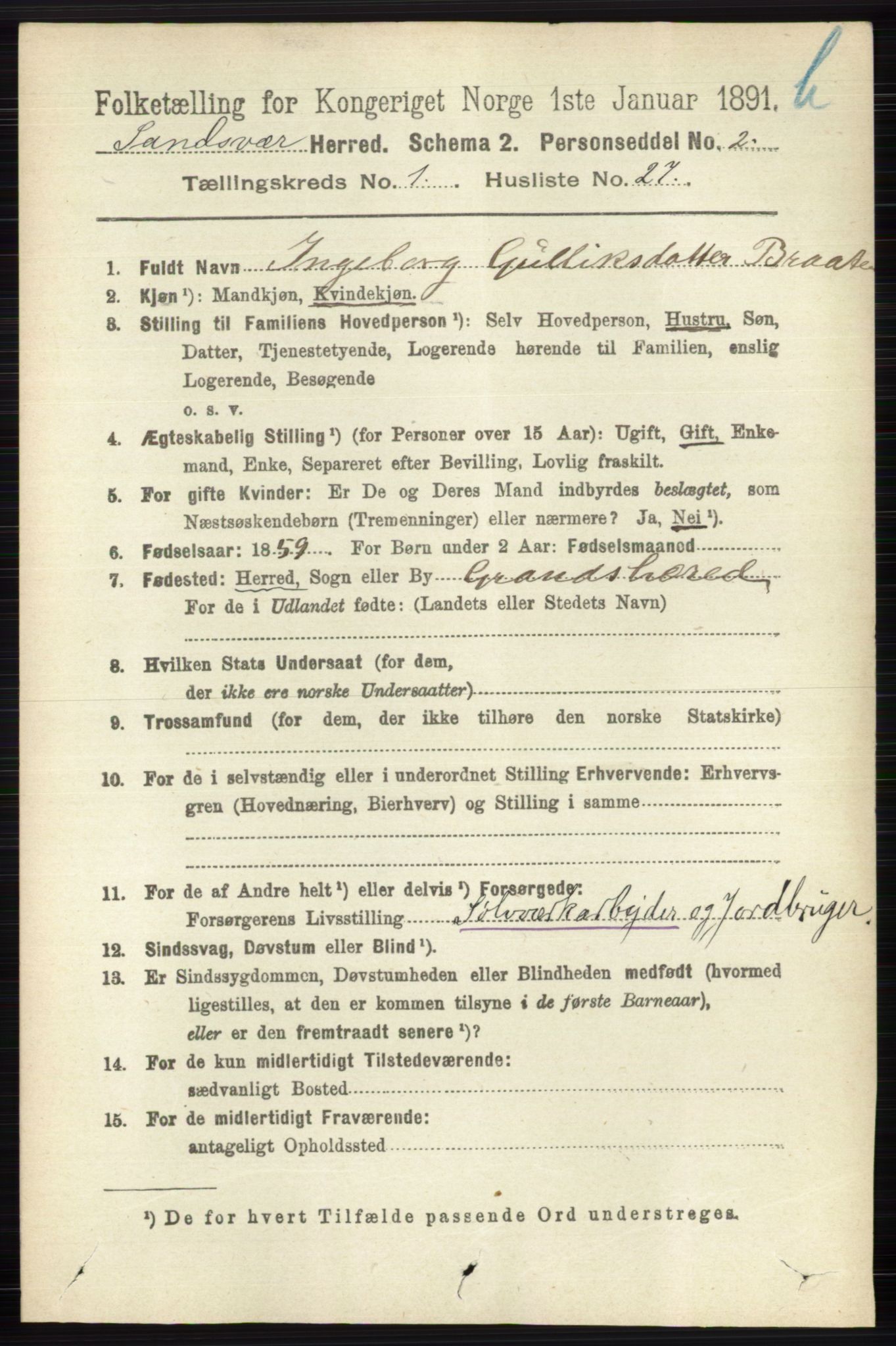 RA, 1891 census for 0629 Sandsvær, 1891, p. 5705