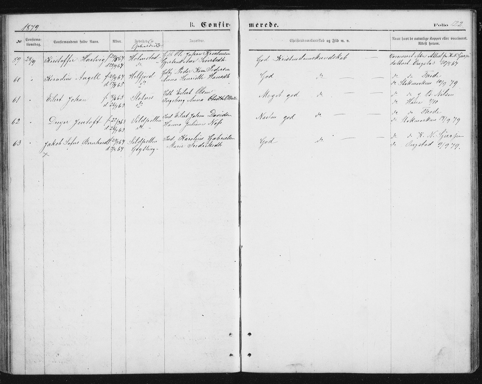 Ministerialprotokoller, klokkerbøker og fødselsregistre - Nordland, AV/SAT-A-1459/888/L1243: Parish register (official) no. 888A09, 1876-1879, p. 122