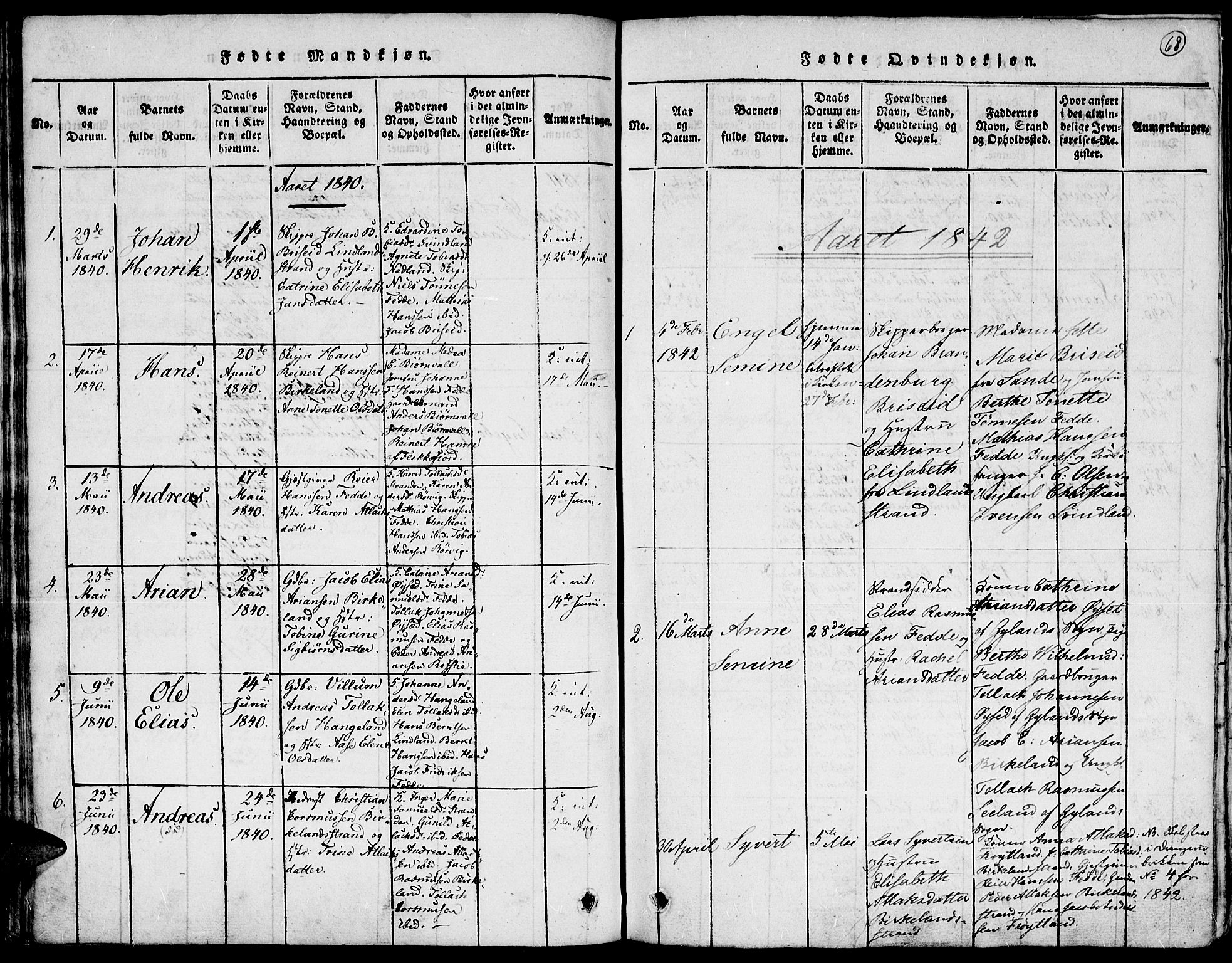 Kvinesdal sokneprestkontor, SAK/1111-0026/F/Fa/Faa/L0001: Parish register (official) no. A 1, 1815-1849, p. 68