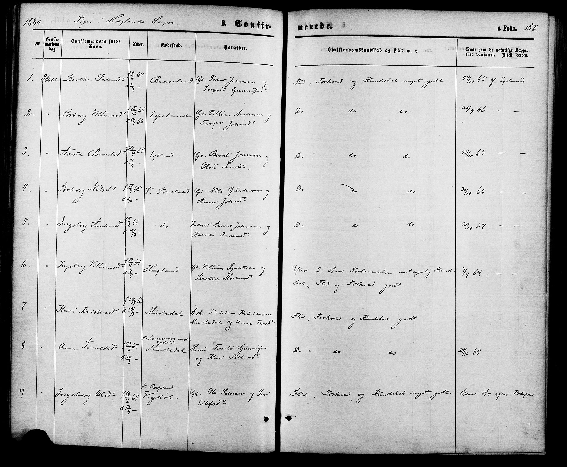 Vennesla sokneprestkontor, AV/SAK-1111-0045/Fa/Fac/L0008: Parish register (official) no. A 8, 1874-1883, p. 157