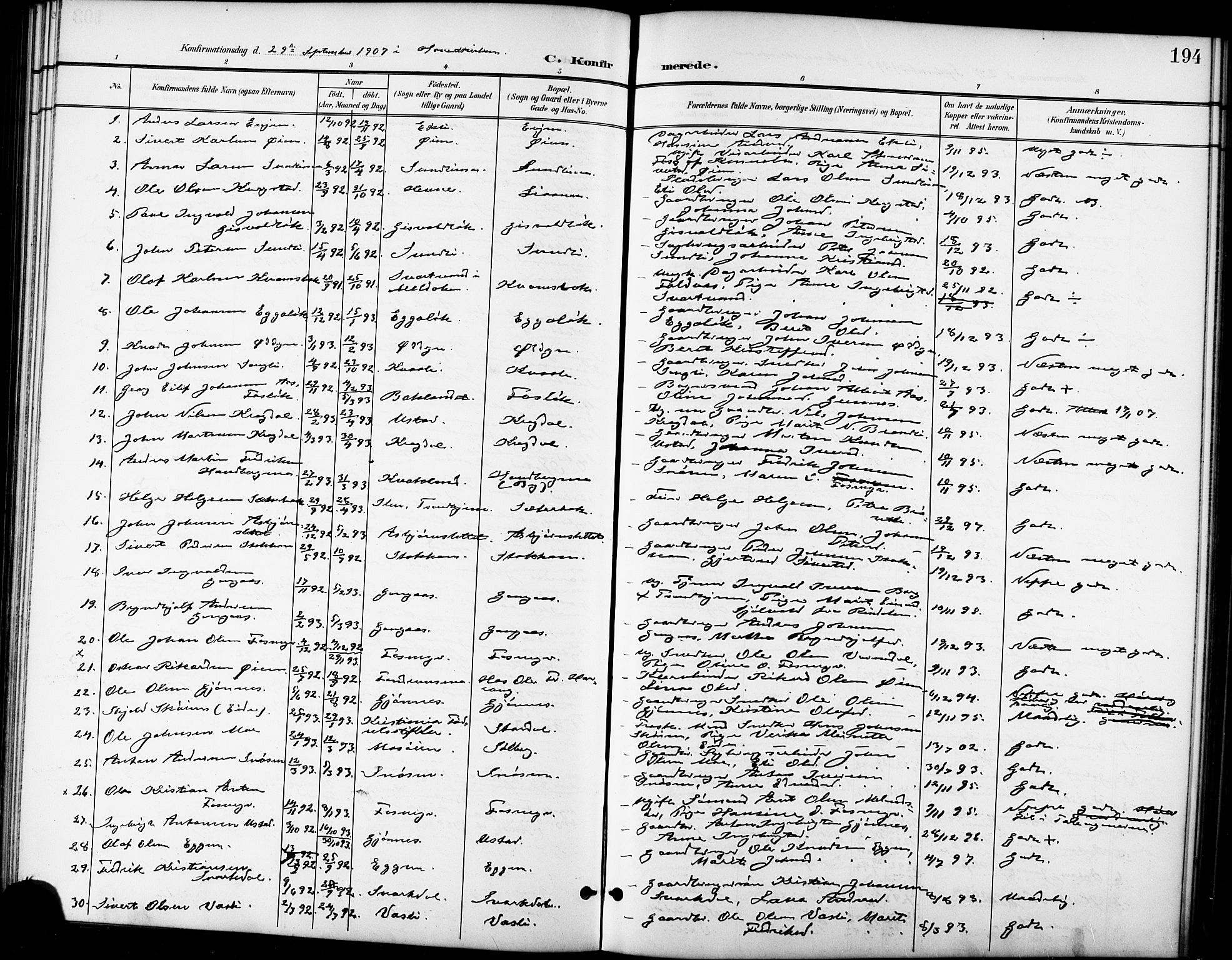 Ministerialprotokoller, klokkerbøker og fødselsregistre - Sør-Trøndelag, SAT/A-1456/668/L0819: Parish register (copy) no. 668C08, 1899-1912, p. 194