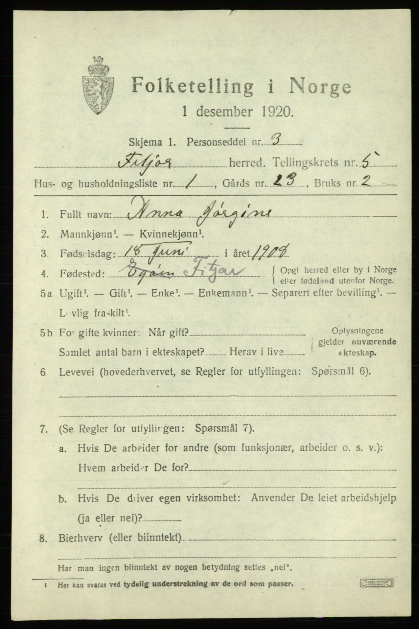 SAB, 1920 census for Fitjar, 1920, p. 2524