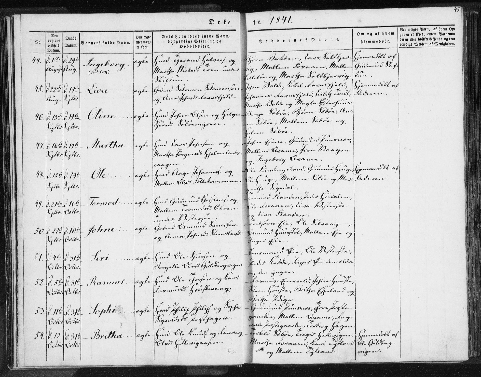 Hjelmeland sokneprestkontor, AV/SAST-A-101843/01/IV/L0006: Parish register (official) no. A 6, 1834-1845, p. 45