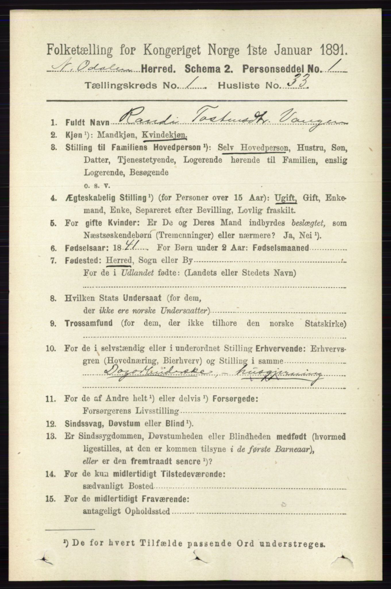 RA, 1891 census for 0418 Nord-Odal, 1891, p. 258