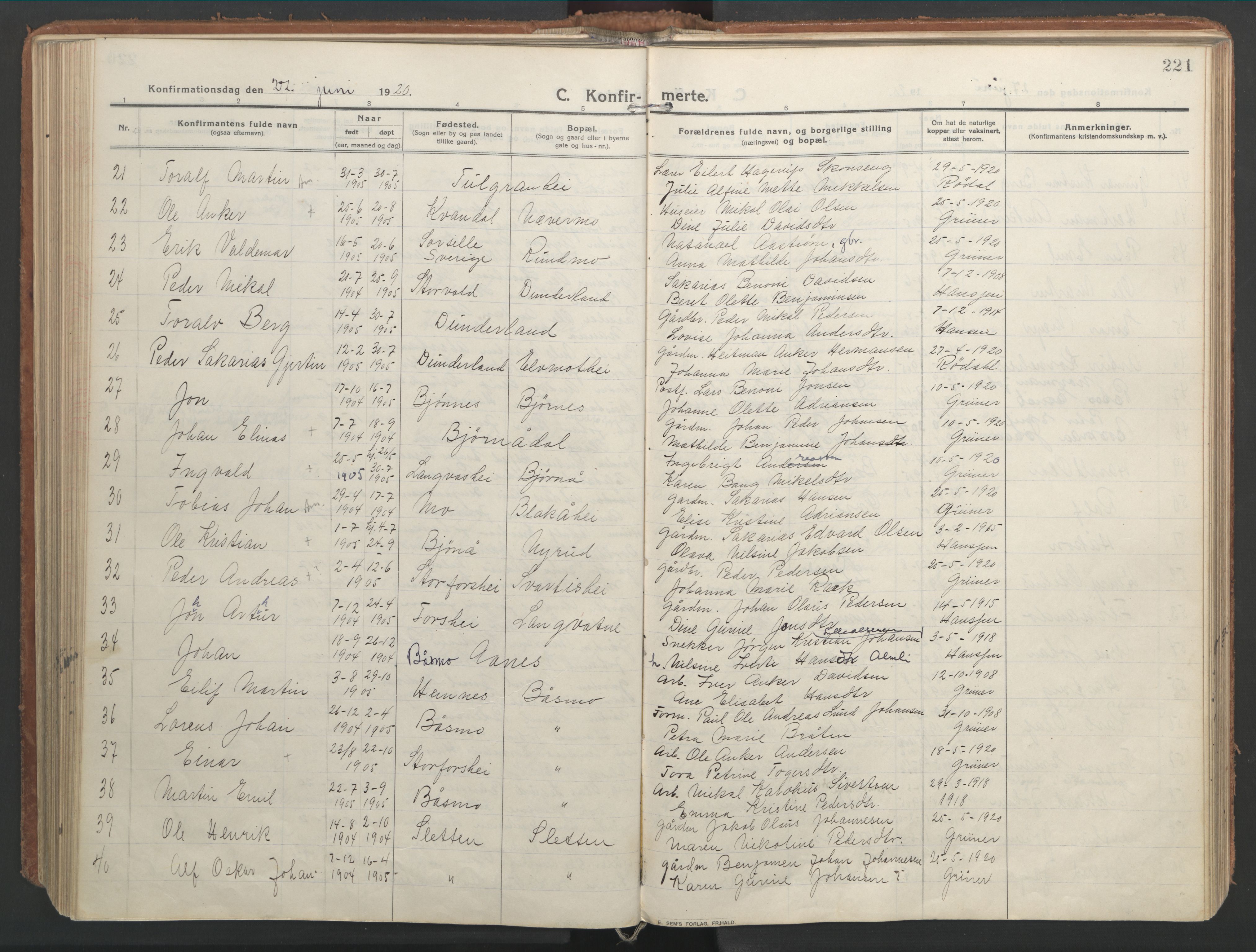 Ministerialprotokoller, klokkerbøker og fødselsregistre - Nordland, AV/SAT-A-1459/827/L0404: Parish register (official) no. 827A16, 1912-1925, p. 221