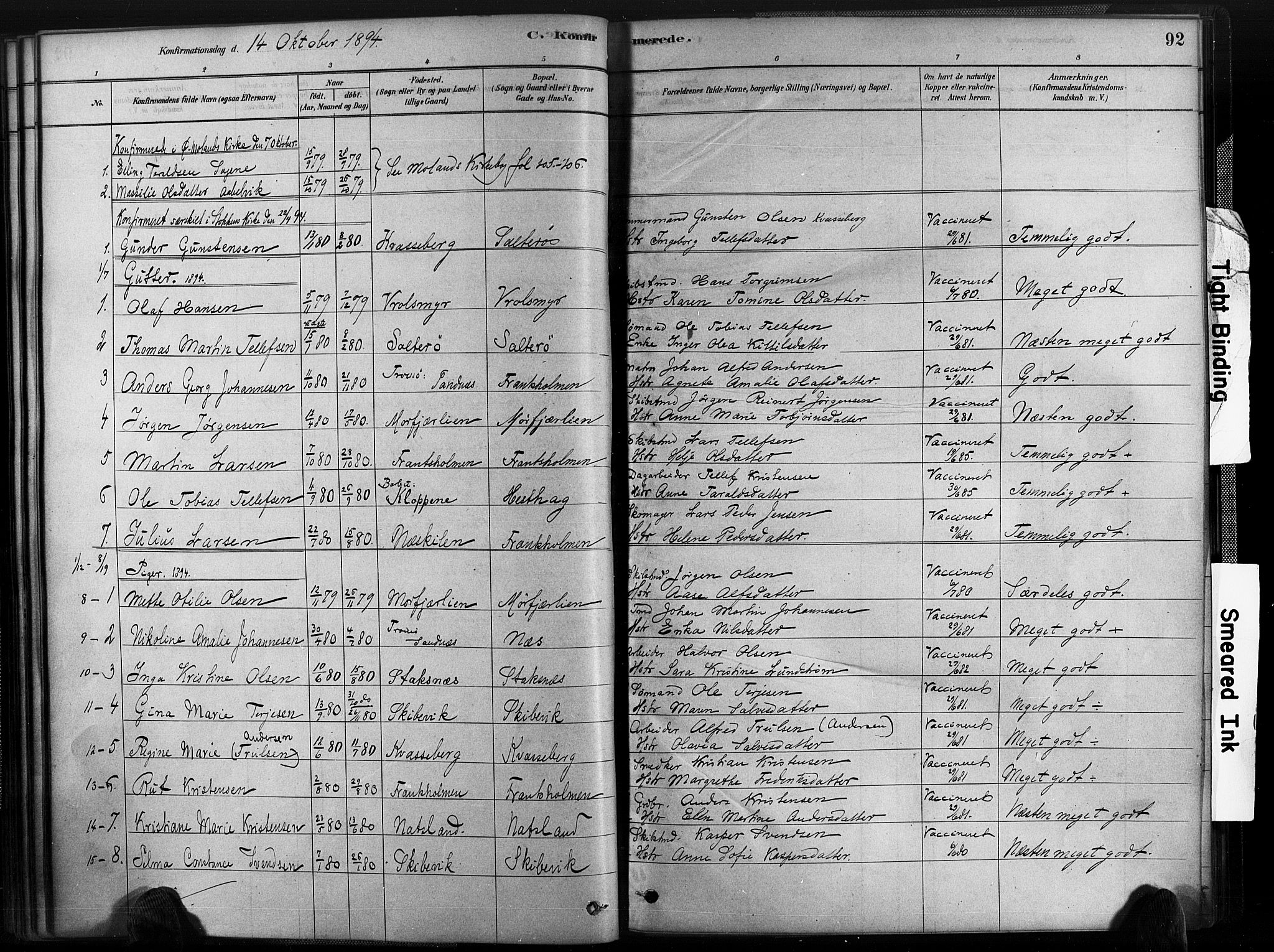 Austre Moland sokneprestkontor, AV/SAK-1111-0001/F/Fa/Fab/L0001: Parish register (official) no. A 1, 1878-1898, p. 92