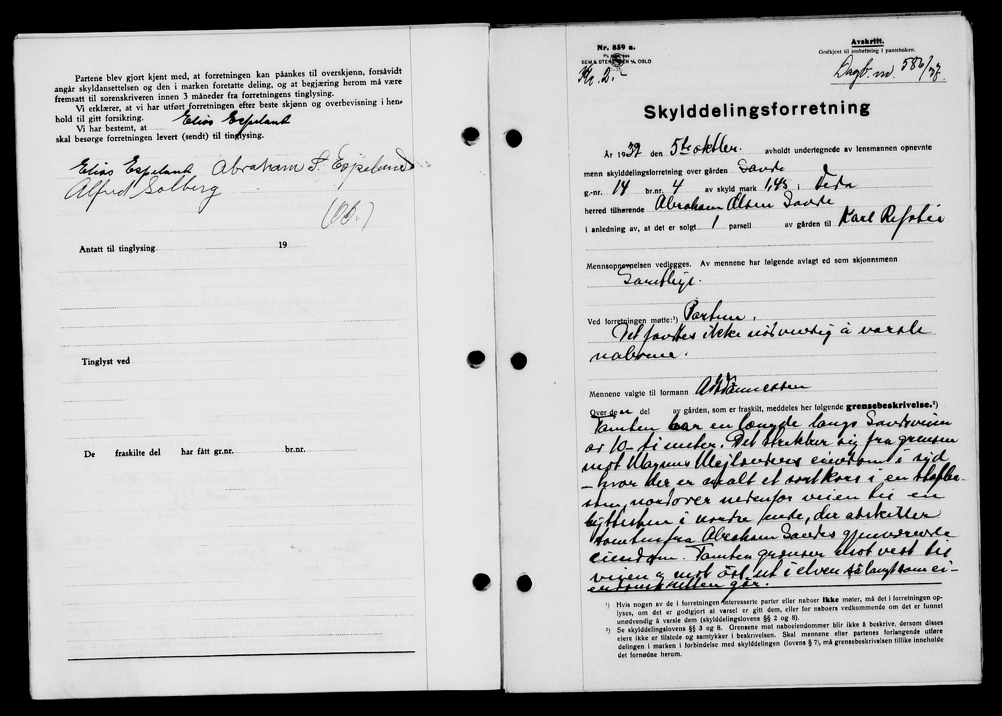 Flekkefjord sorenskriveri, AV/SAK-1221-0001/G/Gb/Gba/L0054: Mortgage book no. A-2, 1937-1938, Diary no: : 586/1937