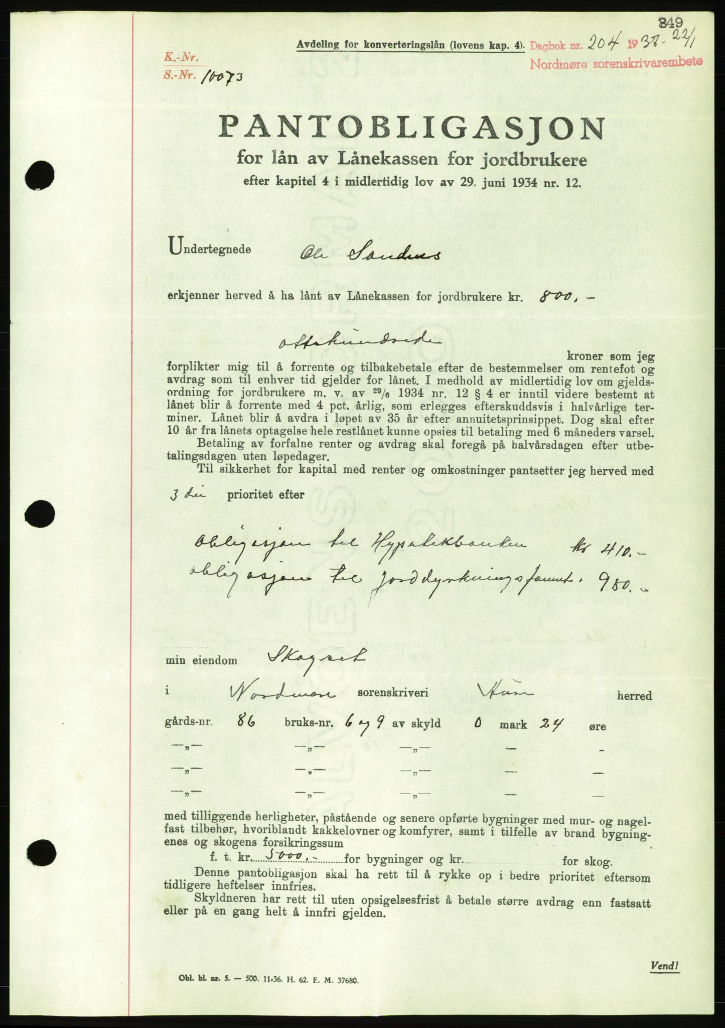 Nordmøre sorenskriveri, AV/SAT-A-4132/1/2/2Ca/L0090: Mortgage book no. B80, 1936-1937, Diary no: : 204/1937