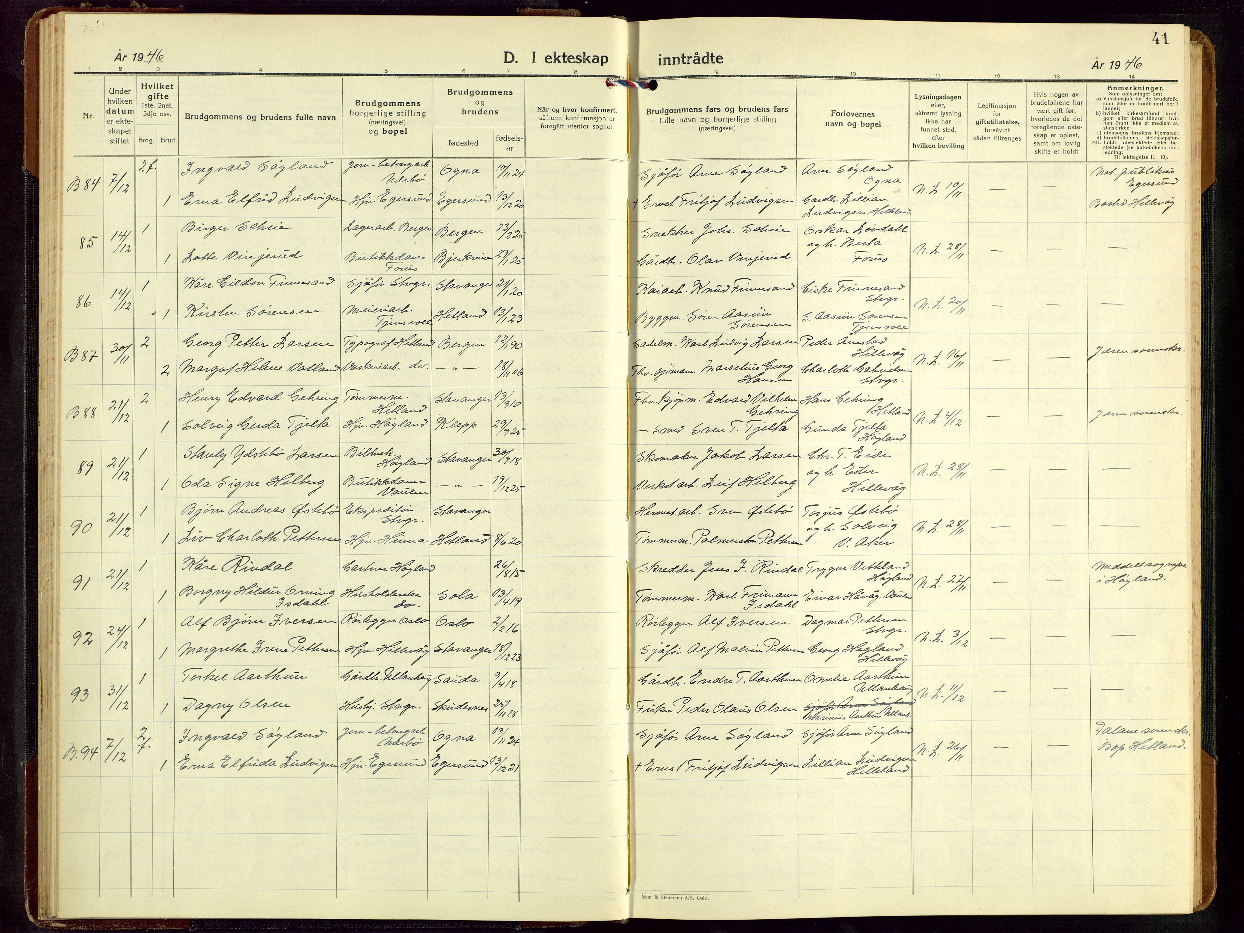 Hetland sokneprestkontor, SAST/A-101826/30/30BB/L0016: Parish register (copy) no. B 16, 1942-1960, p. 41