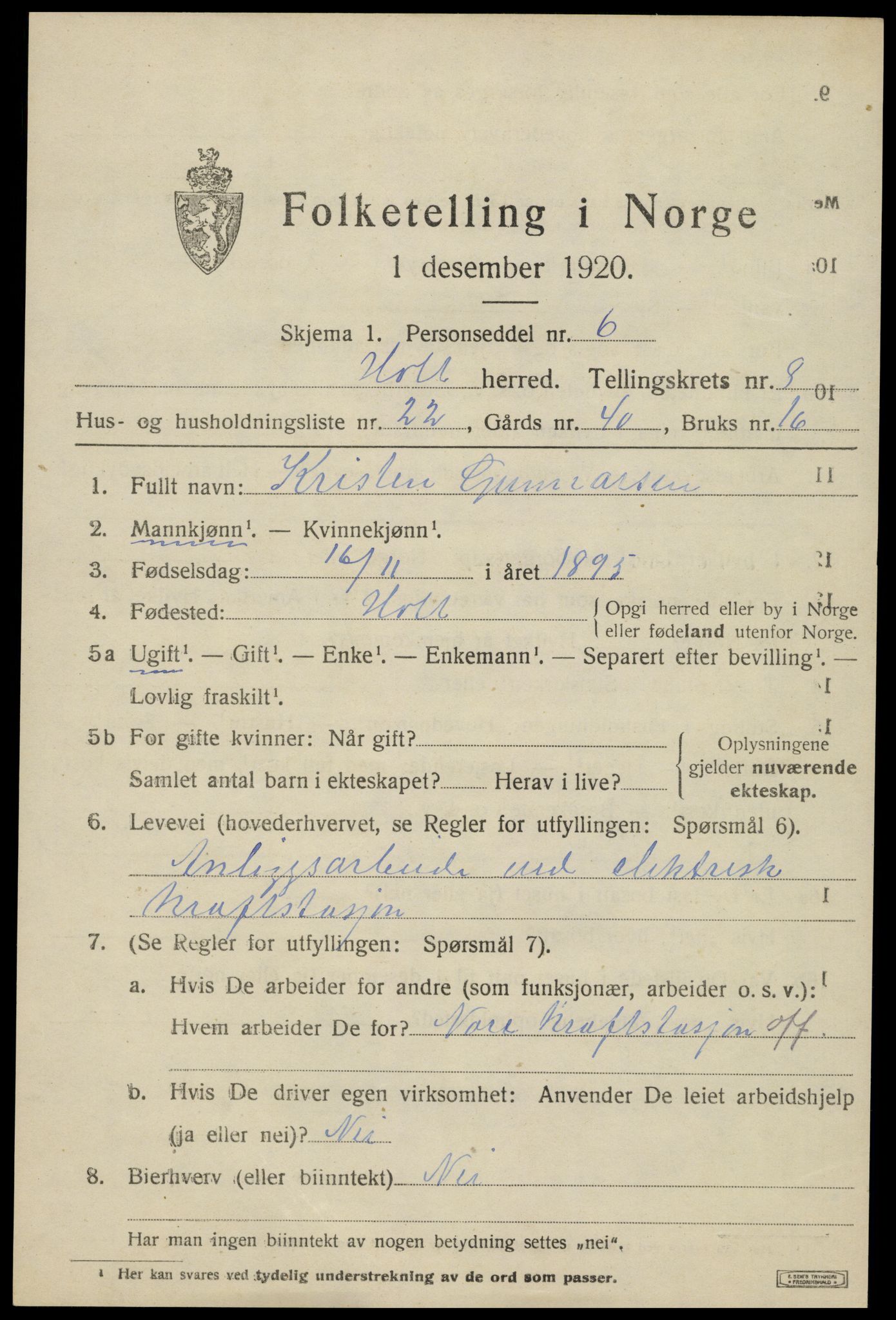 SAK, 1920 census for Holt, 1920, p. 5192