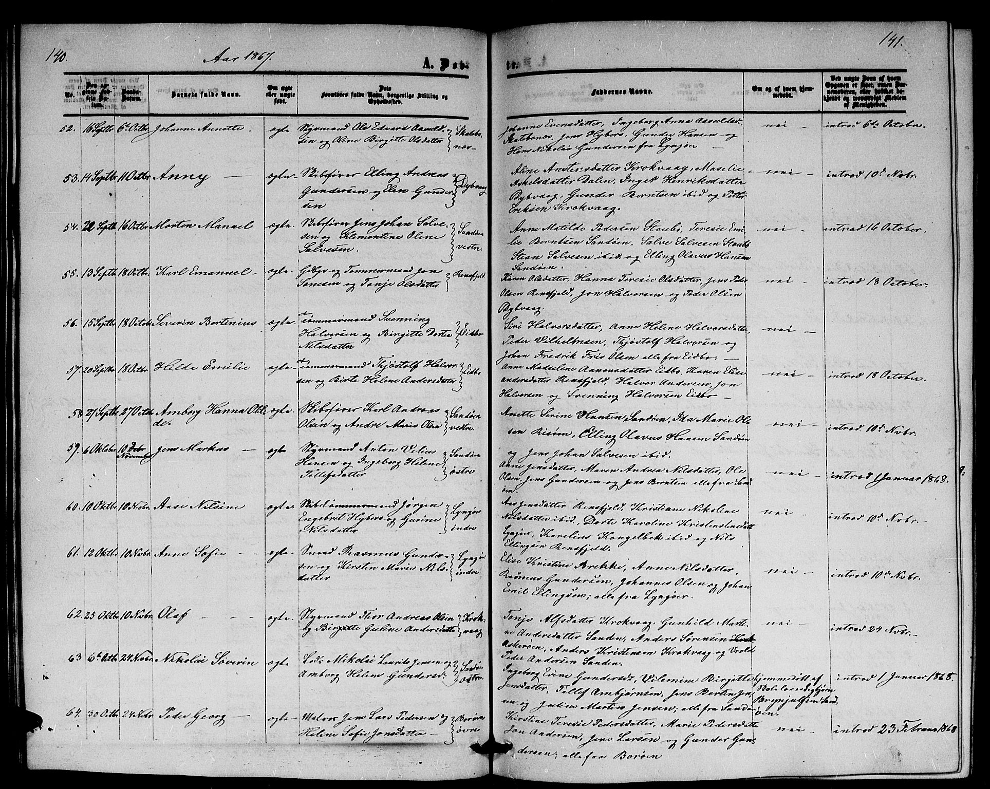 Dypvåg sokneprestkontor, AV/SAK-1111-0007/F/Fb/Fba/L0011: Parish register (copy) no. B 11, 1857-1872, p. 140-141
