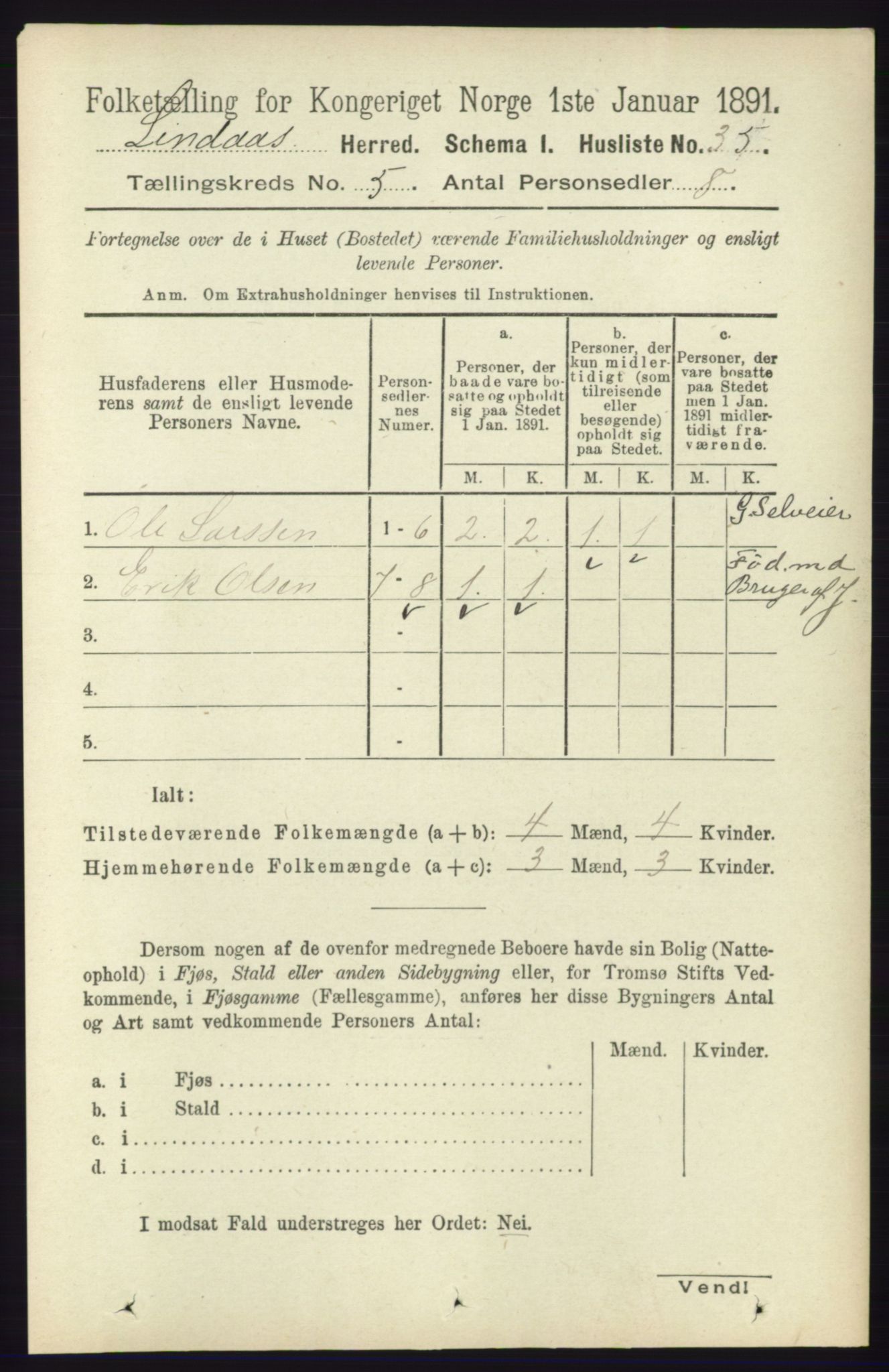 RA, 1891 census for 1263 Lindås, 1891, p. 1431